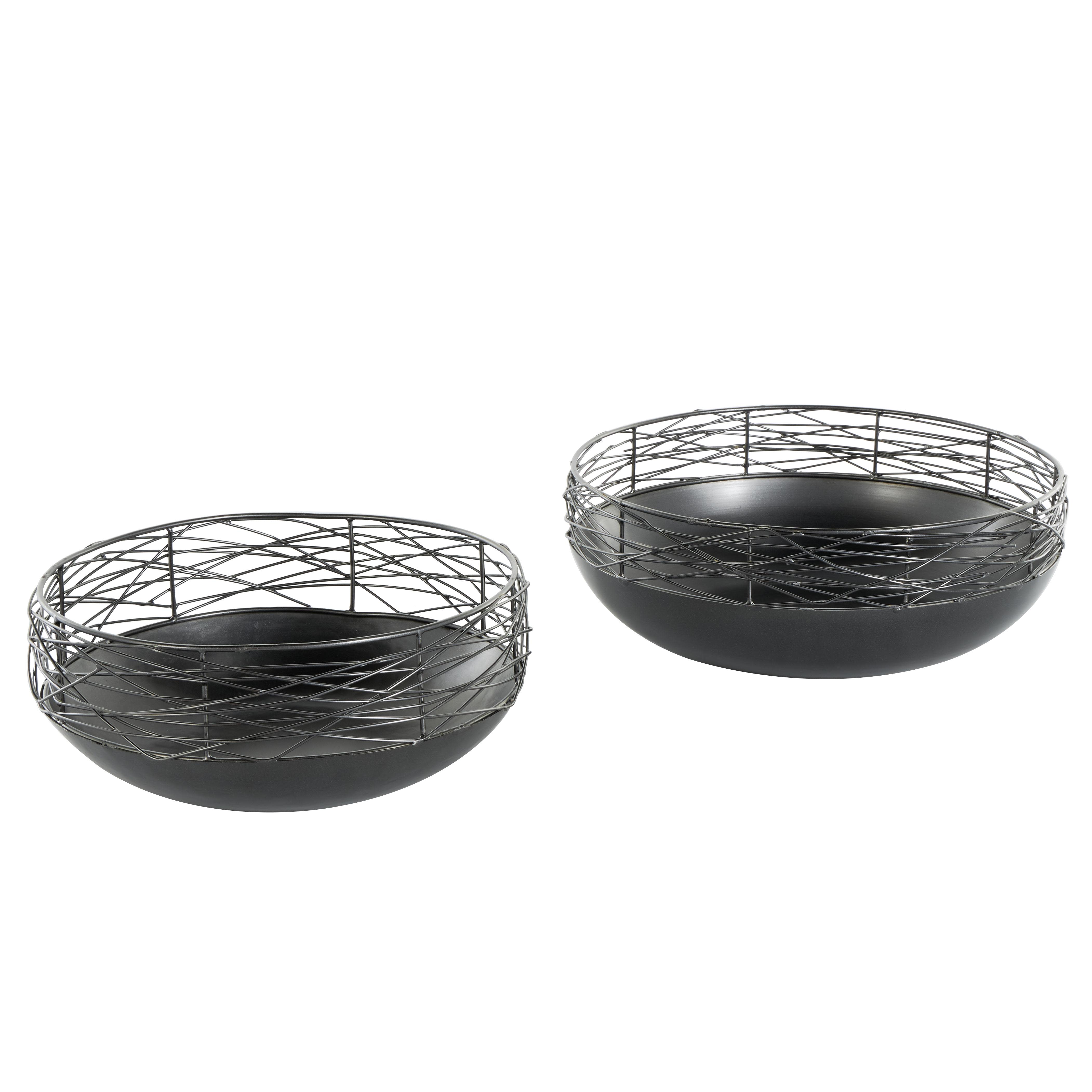Black Metal Abstract Intertwined Wire Decorative Bowl with Solid Matte Base, Set of 2 15", 12"W