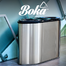 triple stream stainless steel all metal waste and recycling container with hinged lid against a wood panel wall in a university