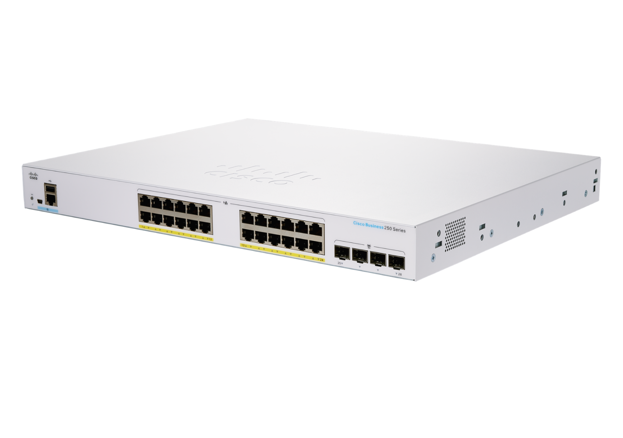 Picture of Cisco Business CBS250-24FP-4G 24 Ports Manageable Ethernet Switch - 3 Layer Supported - Modular - 370 W PoE Budget - Optical Fiber, Twisted Pair - PoE Ports - Rack-mountable - Lifetime Limited Warranty