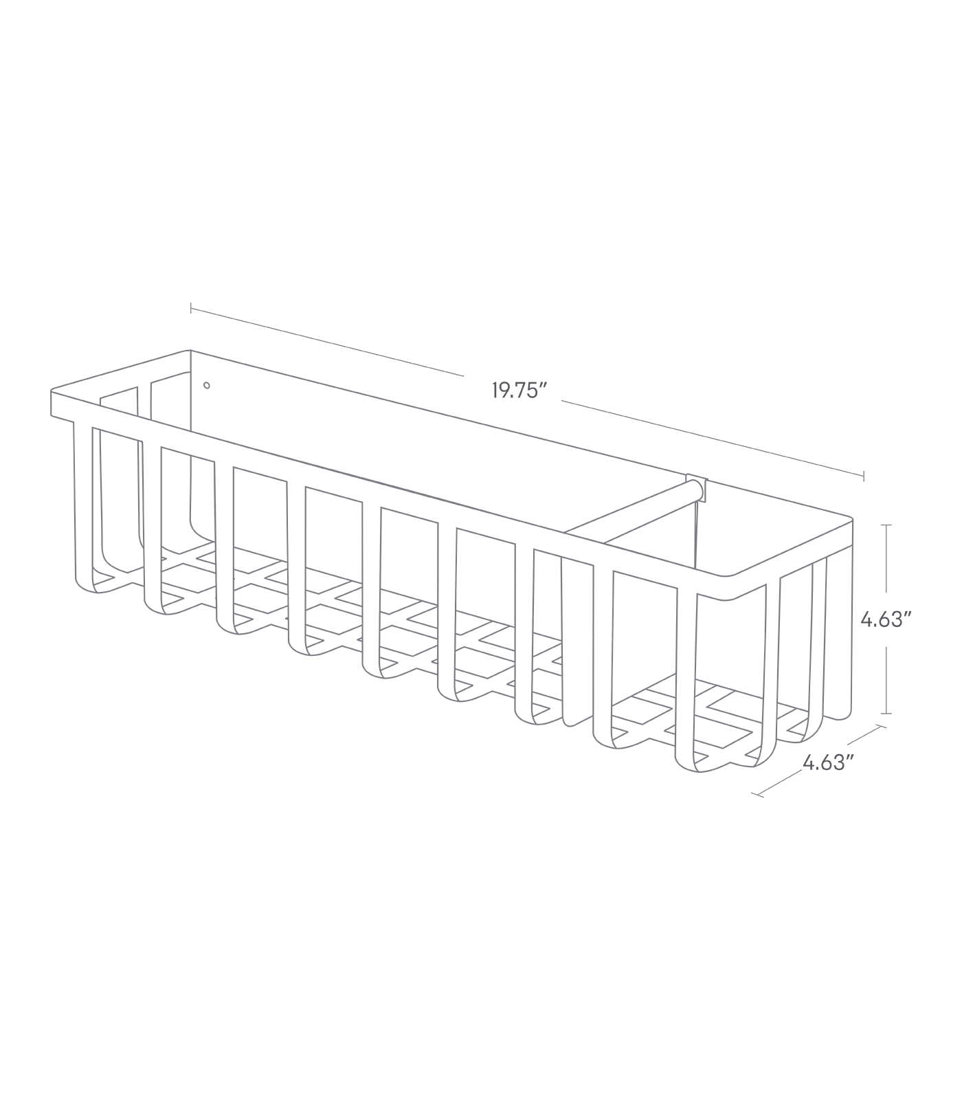 Dimension image of Magnetic storage Basket with a width of 19.75", depth of 4.63", and height of 4.63".