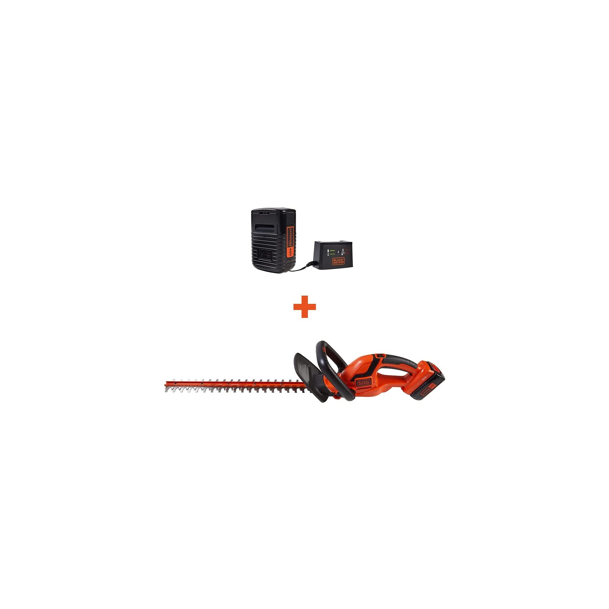 22 Inch 40 Volt Max Hedge Trimmer and charger on white background.