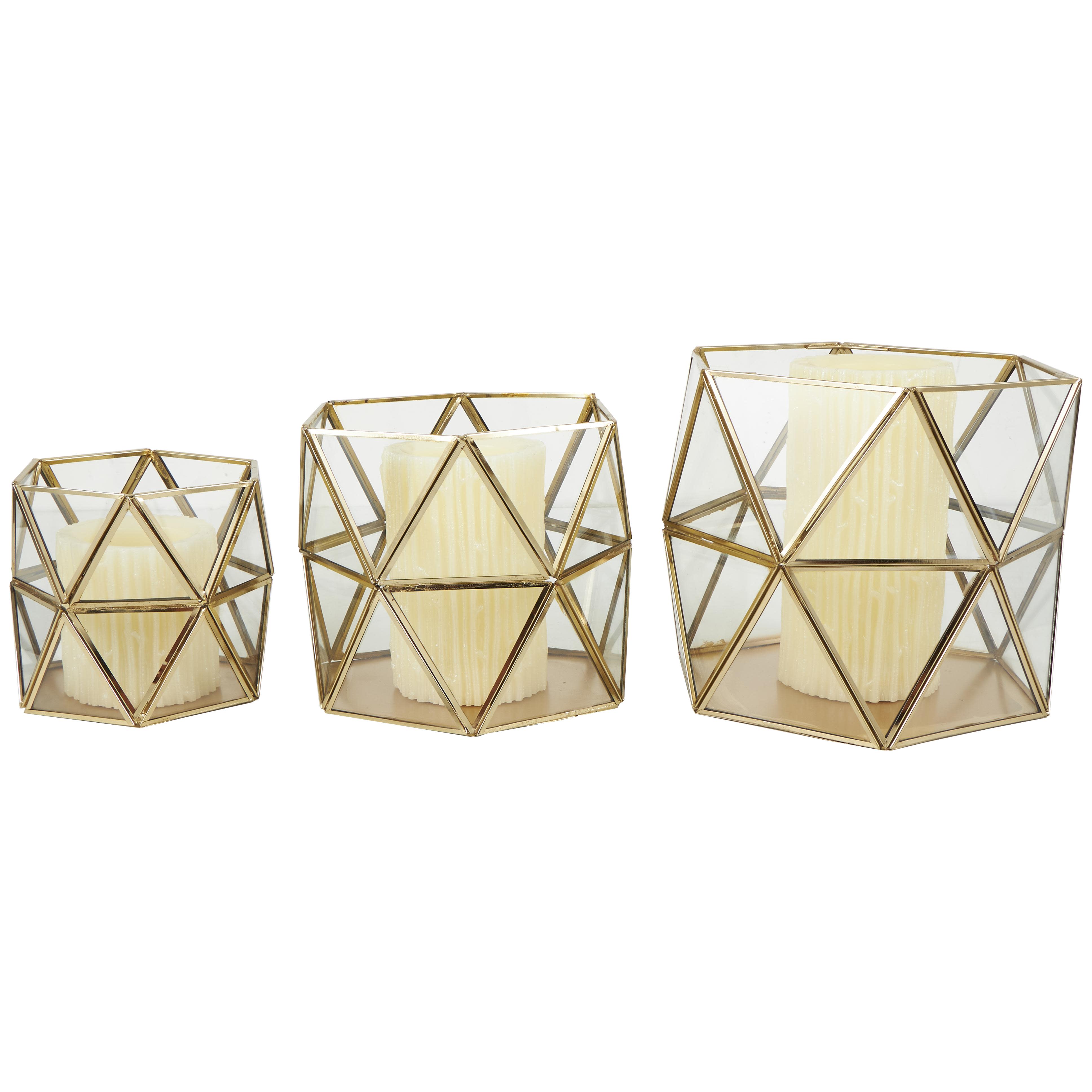 CosmoLiving by Cosmopolitan Gold Metal Geometric Wide Diamond Patterned Hexagon Indoor Outdoor Candle Lantern with Clear Glass, Set of 3 8", 7", 6"H( 4 sets of 3 PCs)