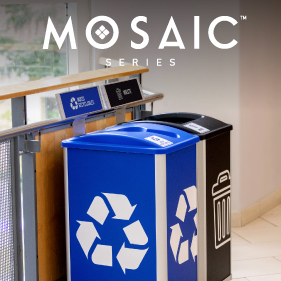 modular triple stream mixed recycling organics and waste station with color coded large body signs and labels with restrictive opening lids in a brightly lit college hallway