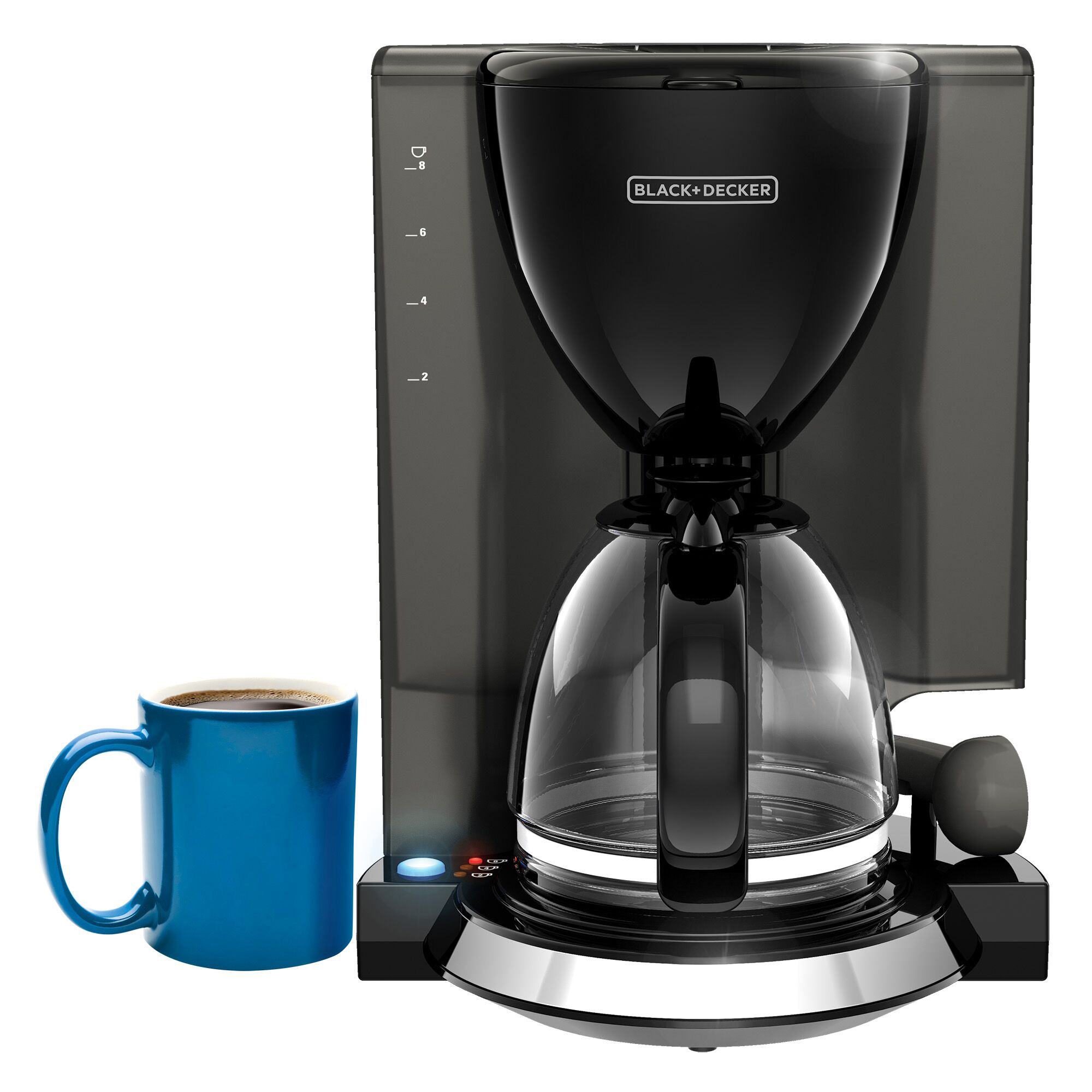 BLACK+DECKER 8 cup coffee maker next to blue coffee cup