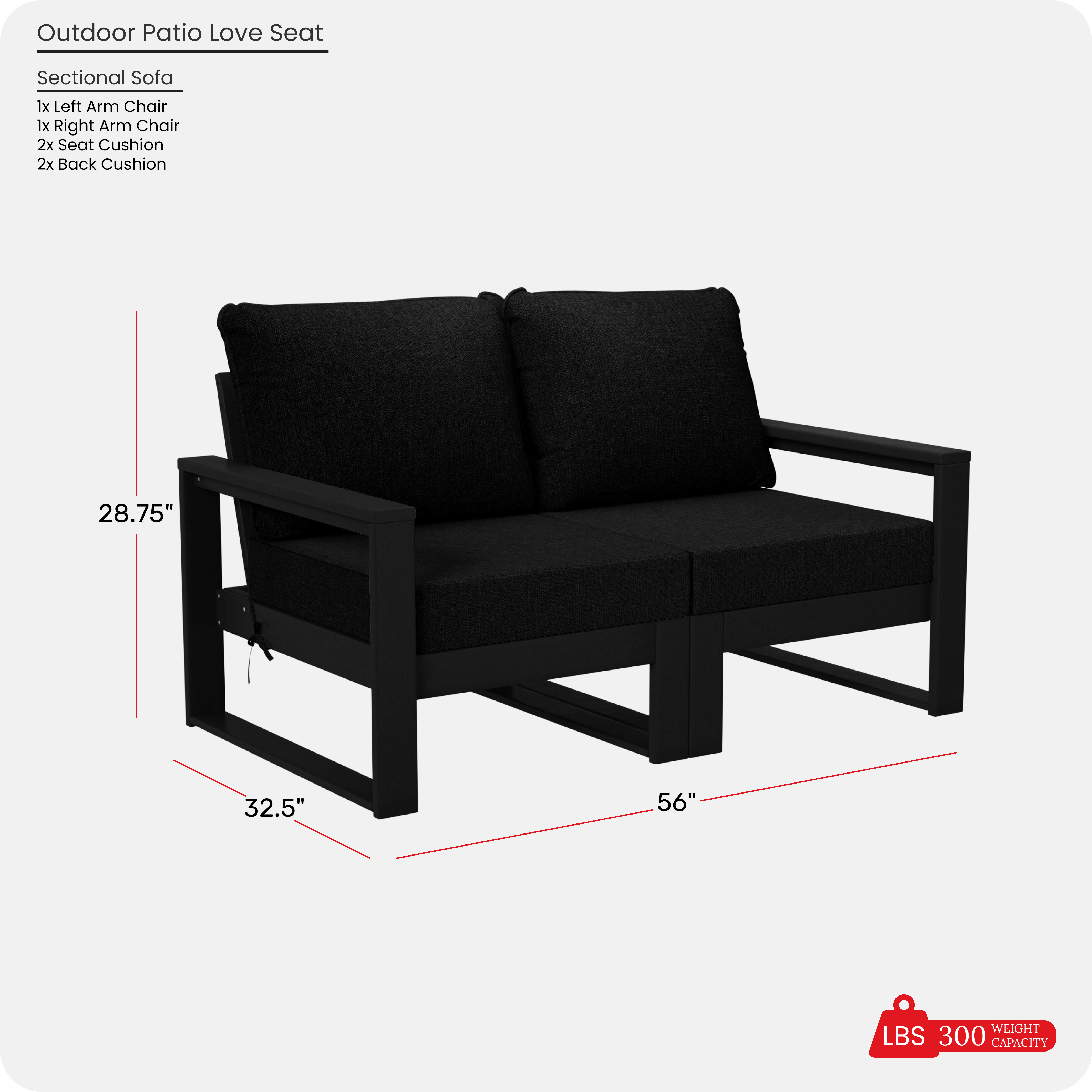 Outdoor HDPE All-Weather Modern Patio Loveseat with Waterproof CushionsCOS Spec Image