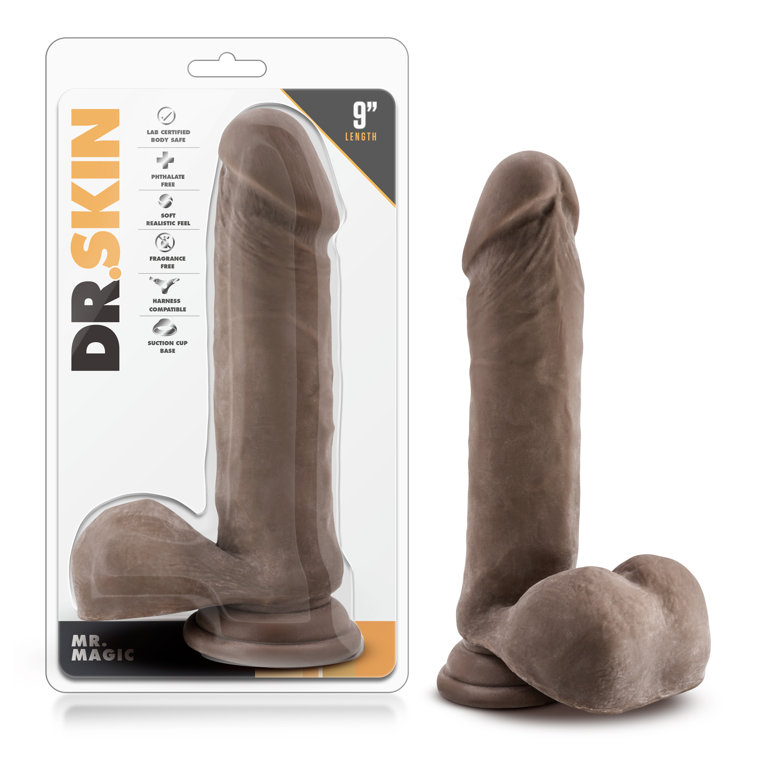 Blush Dr. Skin Mr. Magic Realistic Chocolate 9.5-Inch Long Dildo With Balls & Suction Cup Base