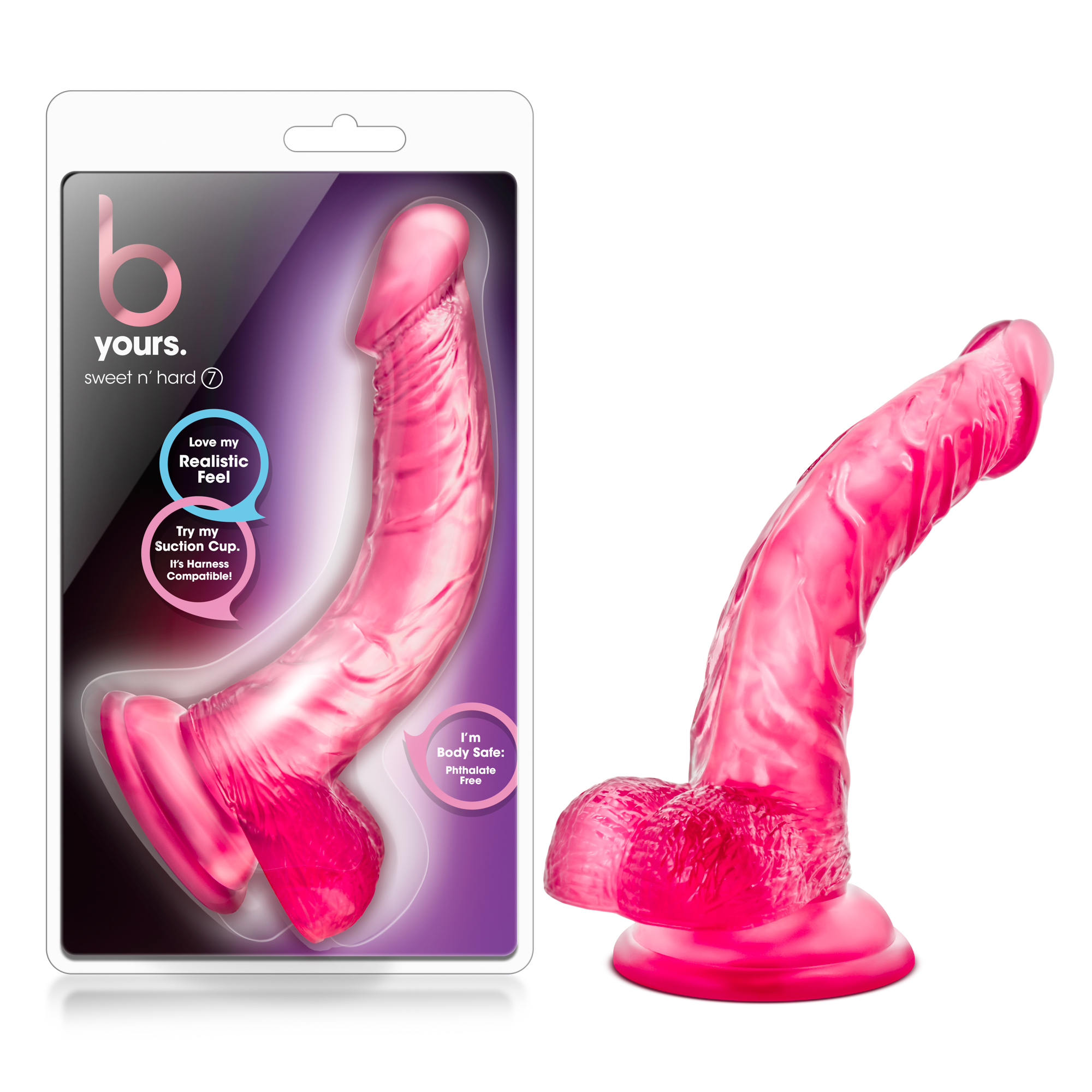 Blush B Yours Sweet N' Hard 7 Realistic Curved G-Spot Pink 8.5-Inch Long Dildo With Balls & Suction Cup Base