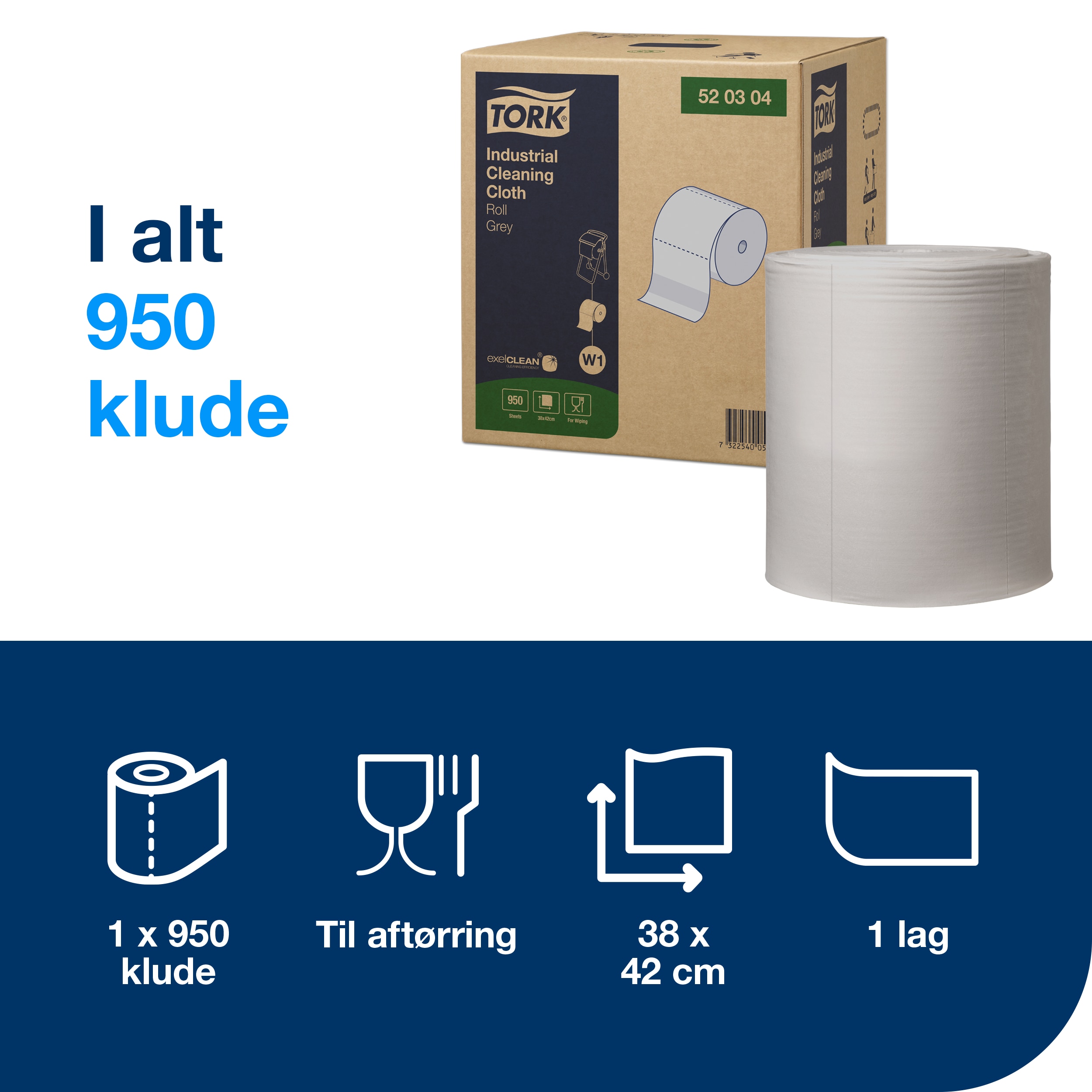 Aftørringsrulle, Udvendig oprulning, 1 lag, 1 rulle, Tork Premium W1