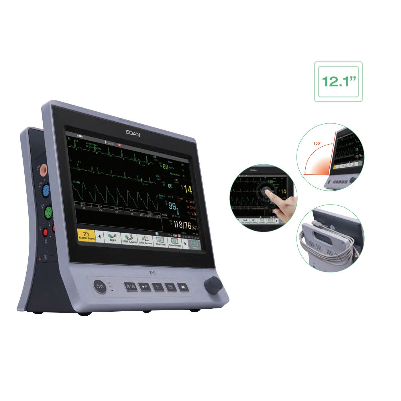 Patient Monitor with 12.1" Touch Screen, ECG, SPO2, NIBP, CO2, Respiratory Rate and Printer