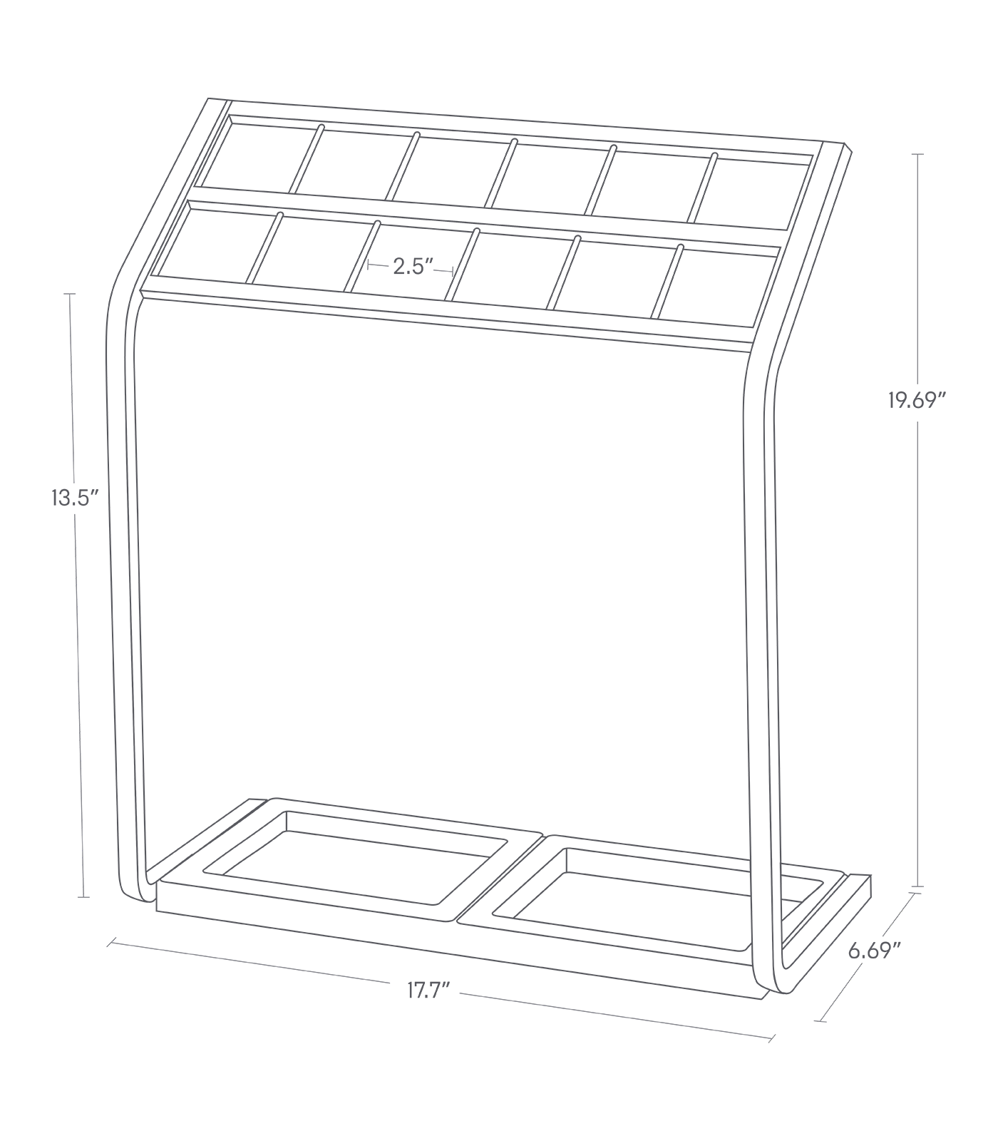 Dimension image for Umbrella Stand on a white background including dimensions  L 6.69 x W 17.72 x H 19.69 inches