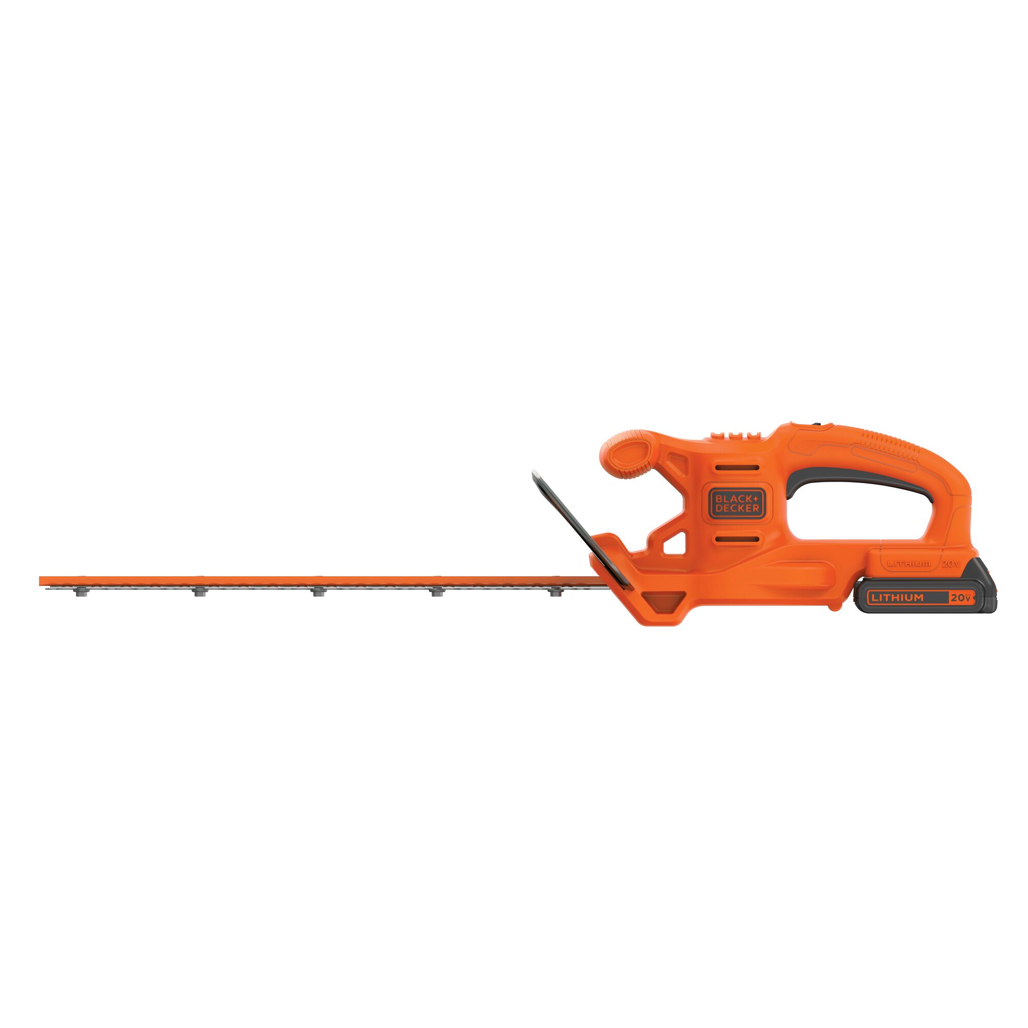 Profile of 20 volt max 18 inch cordless hedge trimmer.
