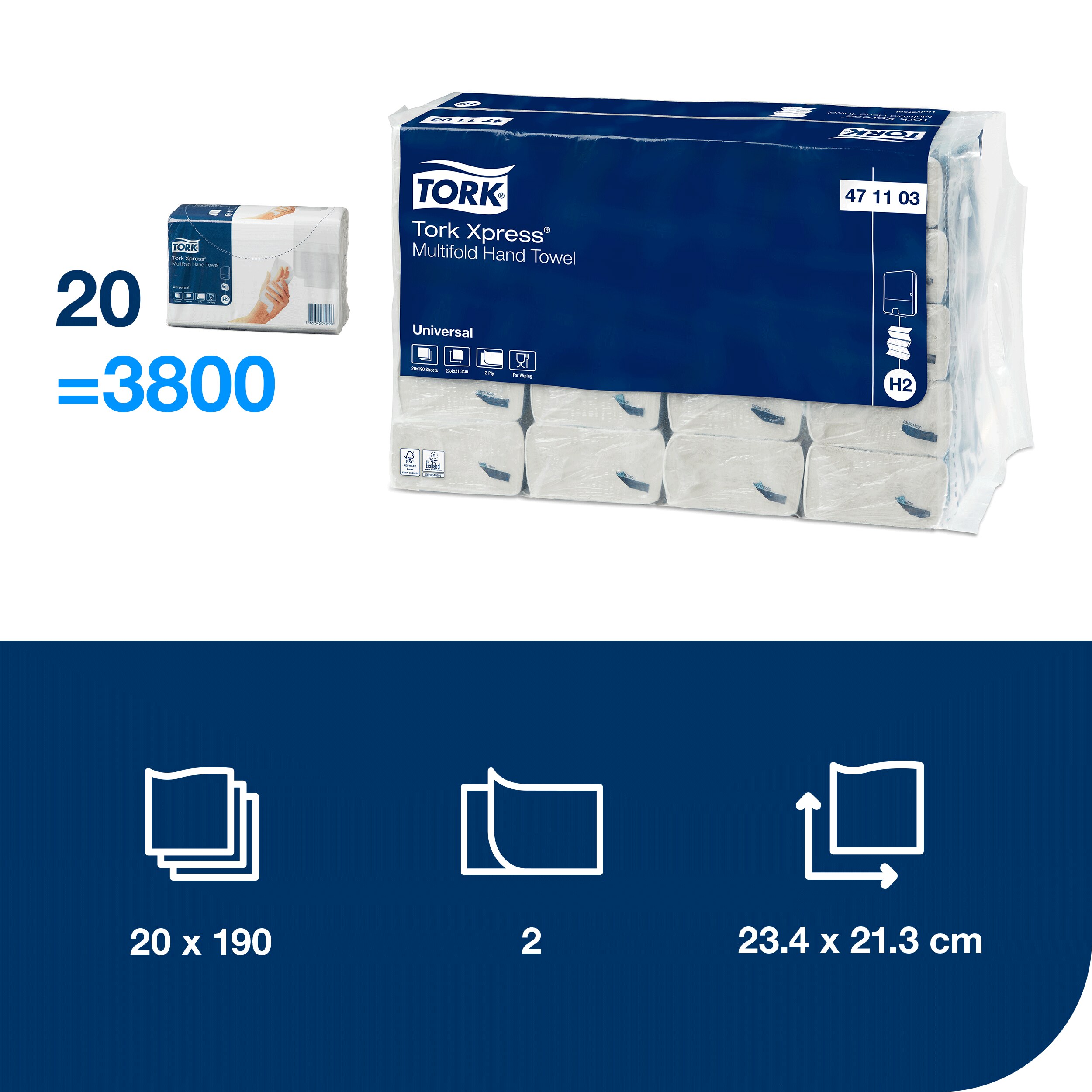 Håndklædeark, 2 lag, M-fold, 3800 ark, Tork Xpress H2