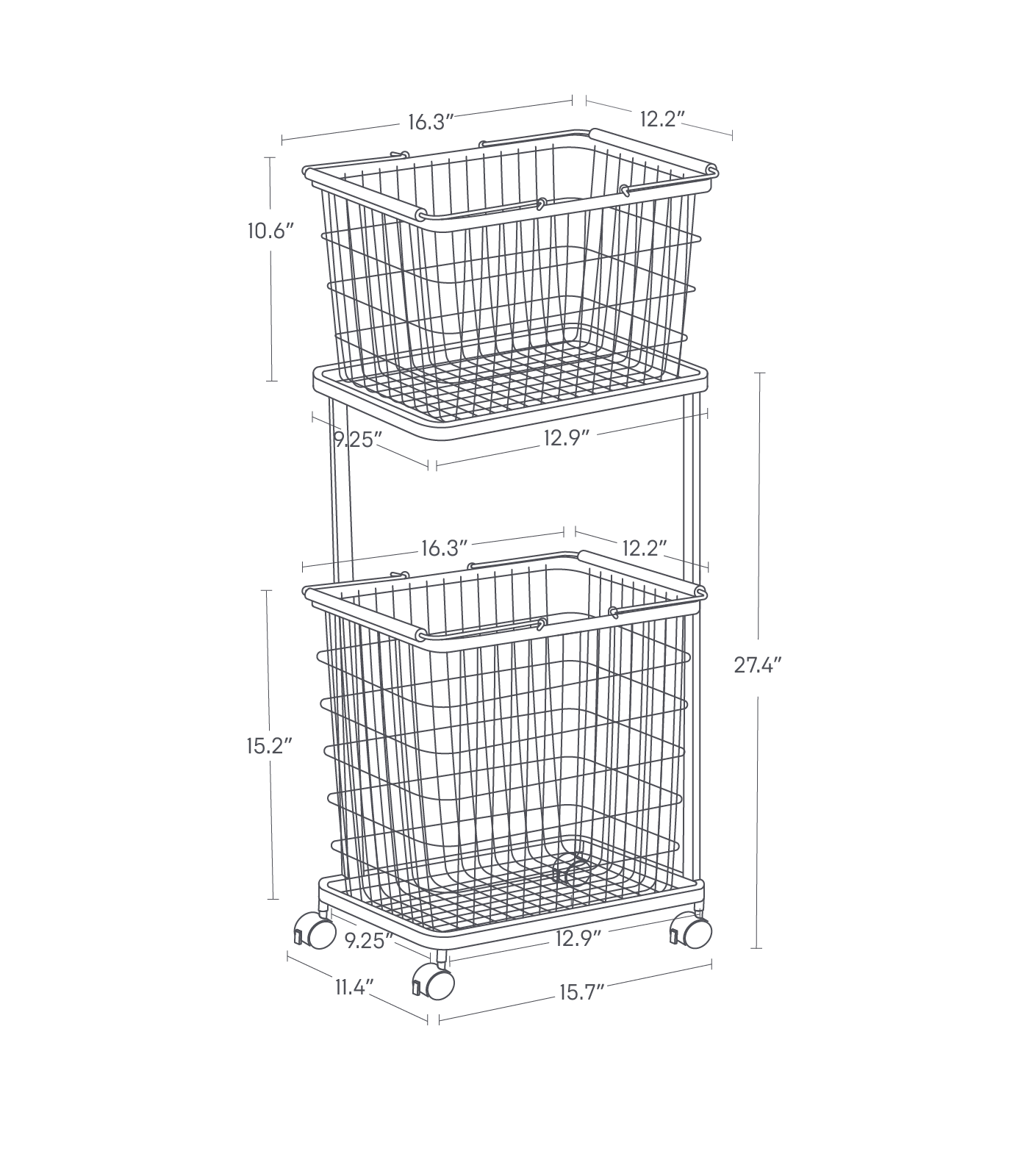 Dimension image for Rolling Laundry Cart + Wire Baskets showing container height of 2.4", length of 8.6", width of 9.3"