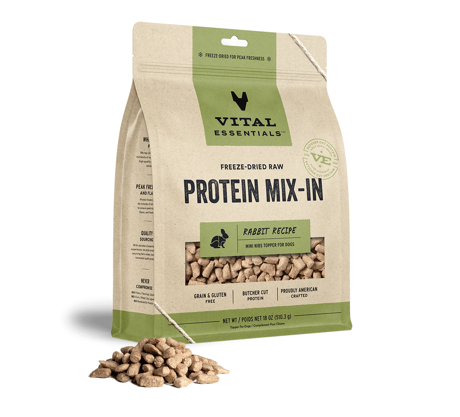 Vital Essentials Freeze-Dried Raw Protein Mix-In Rabbit Recipe Mini Nibs Topper for Dogs, 18 oz - Treats