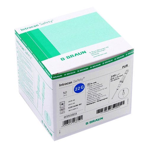 Introcan® Safety IV Catheter 22G x 1" Straight Polyurethane - 50/Box