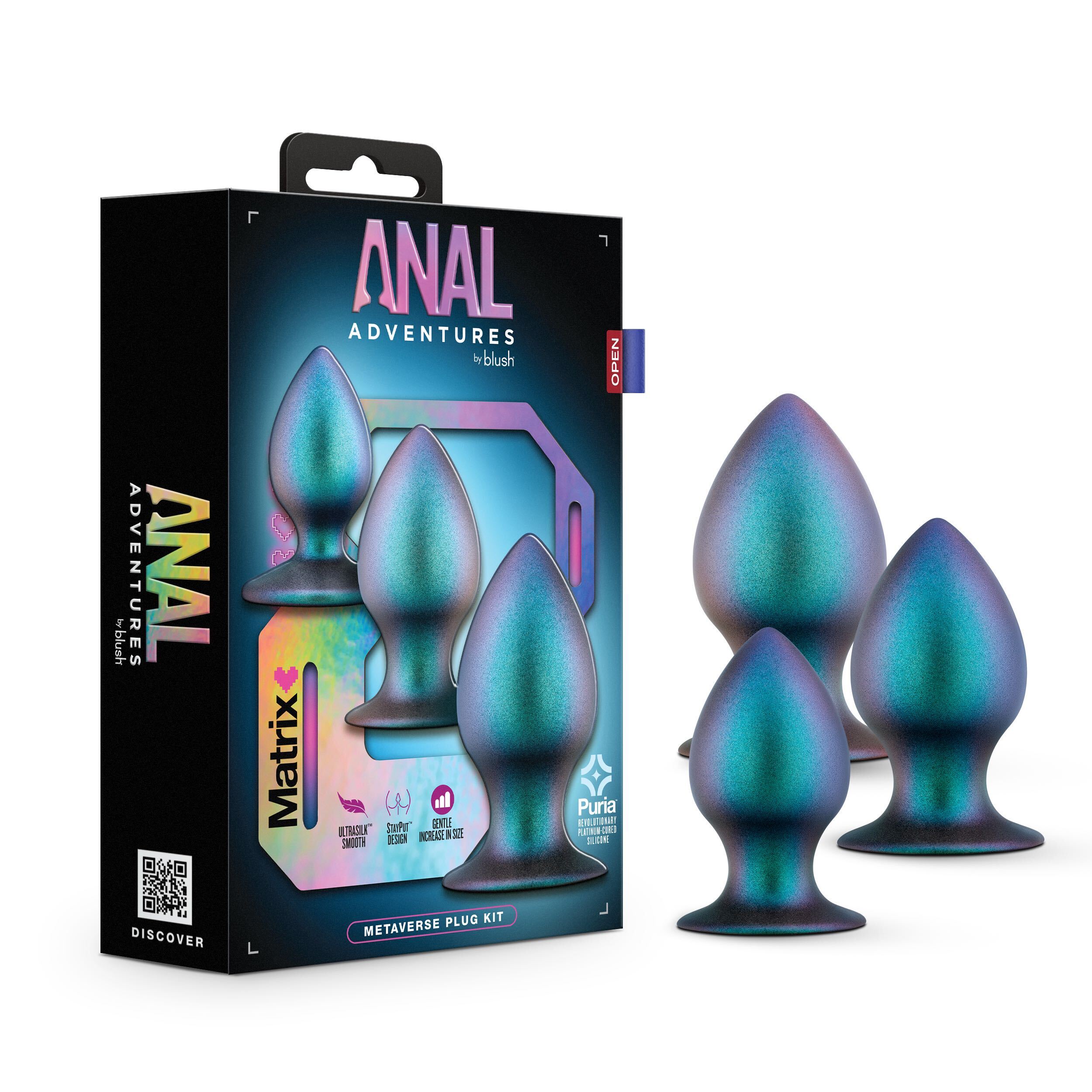 Blush Anal Adventures Matrix / The Metaverse Plug Kit: 3 Progressing Tapered Tip Bulb Butt Plug Kit in Dark Millenia / With Stayput? Technology & AnchorTech? Base