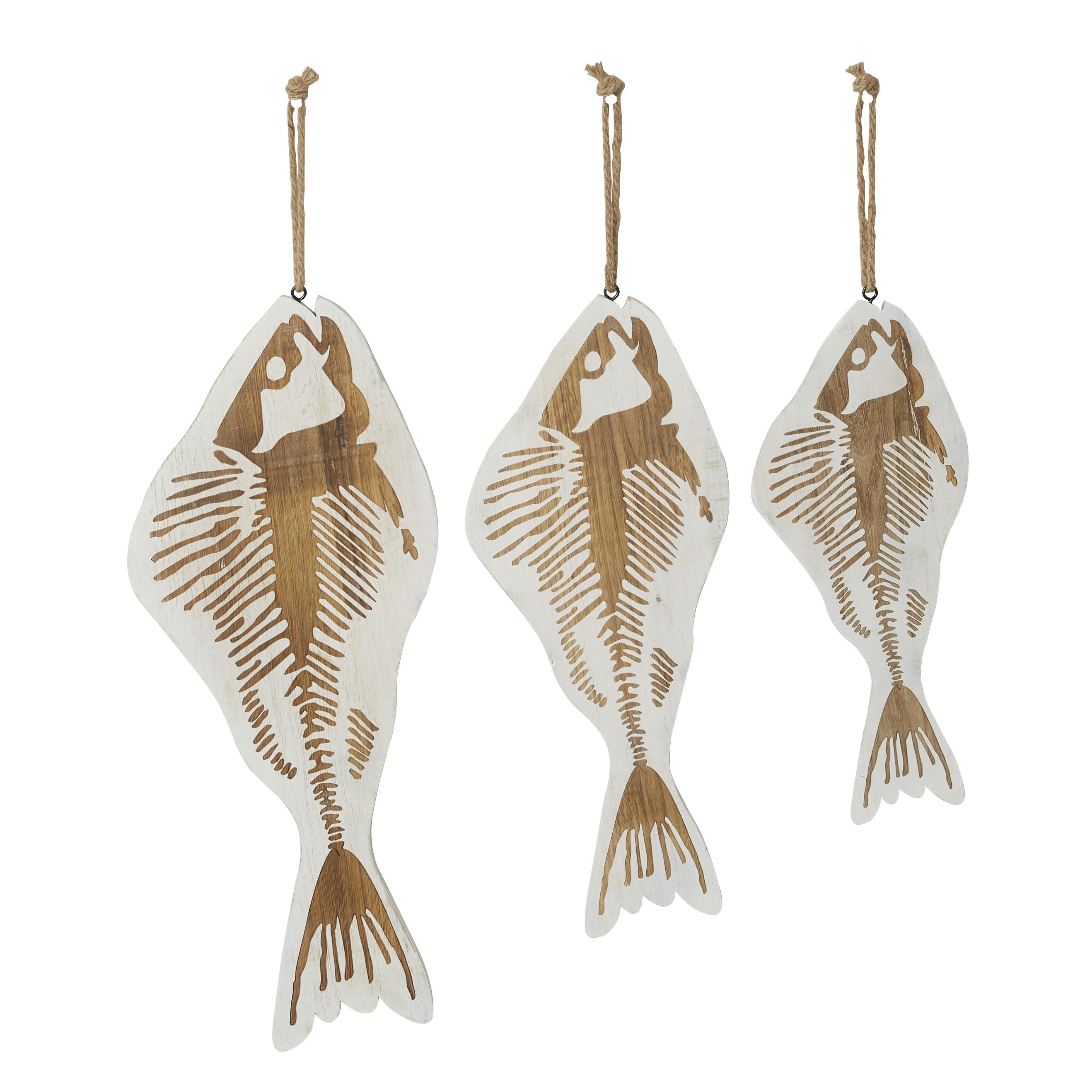 White Wood Fish Home Wall Decor with Hanging Rope, Set of 3 22", 26", 30"H