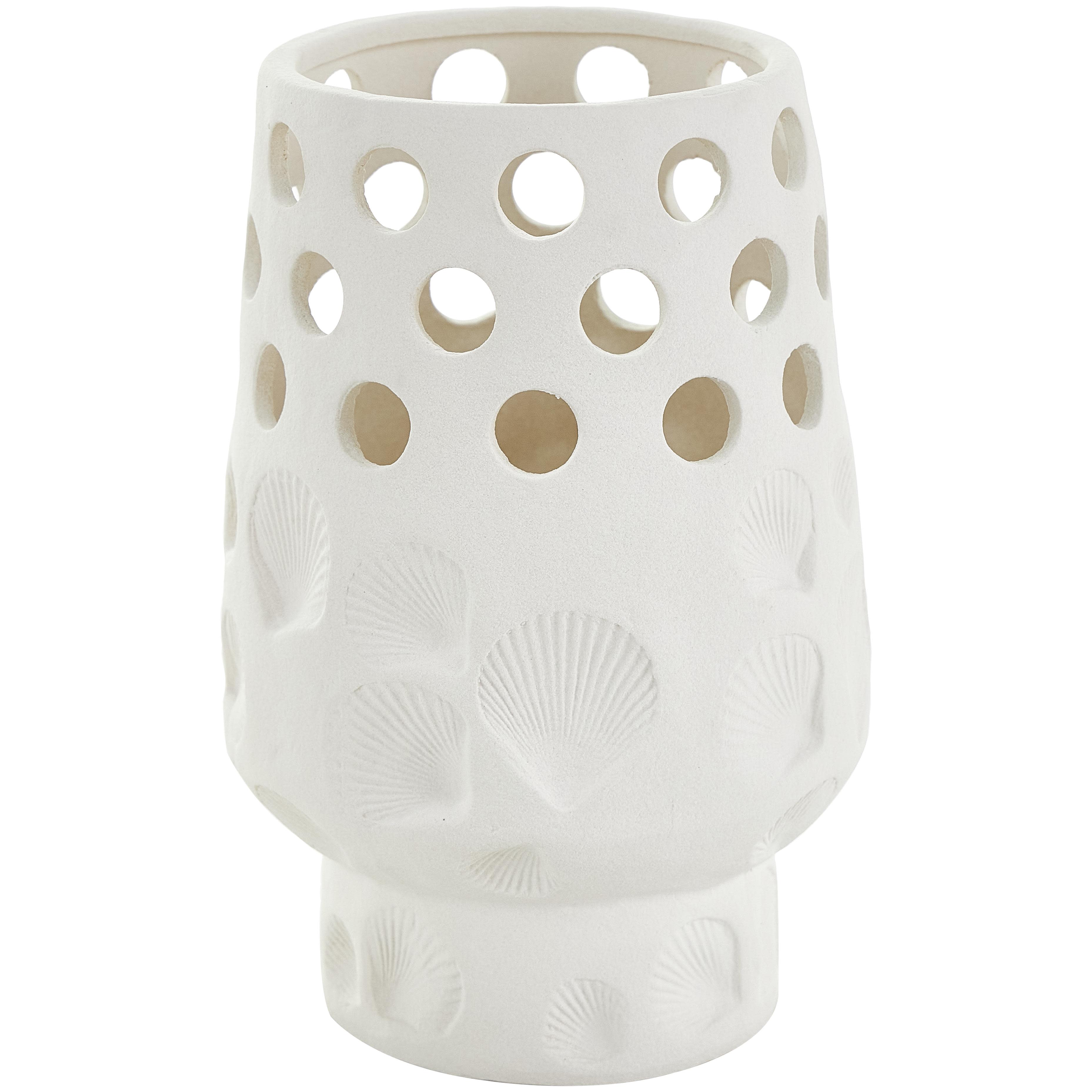 White Ceramic Shell Decorative Vase with Circular Cutouts, 7" x 7" x 10"