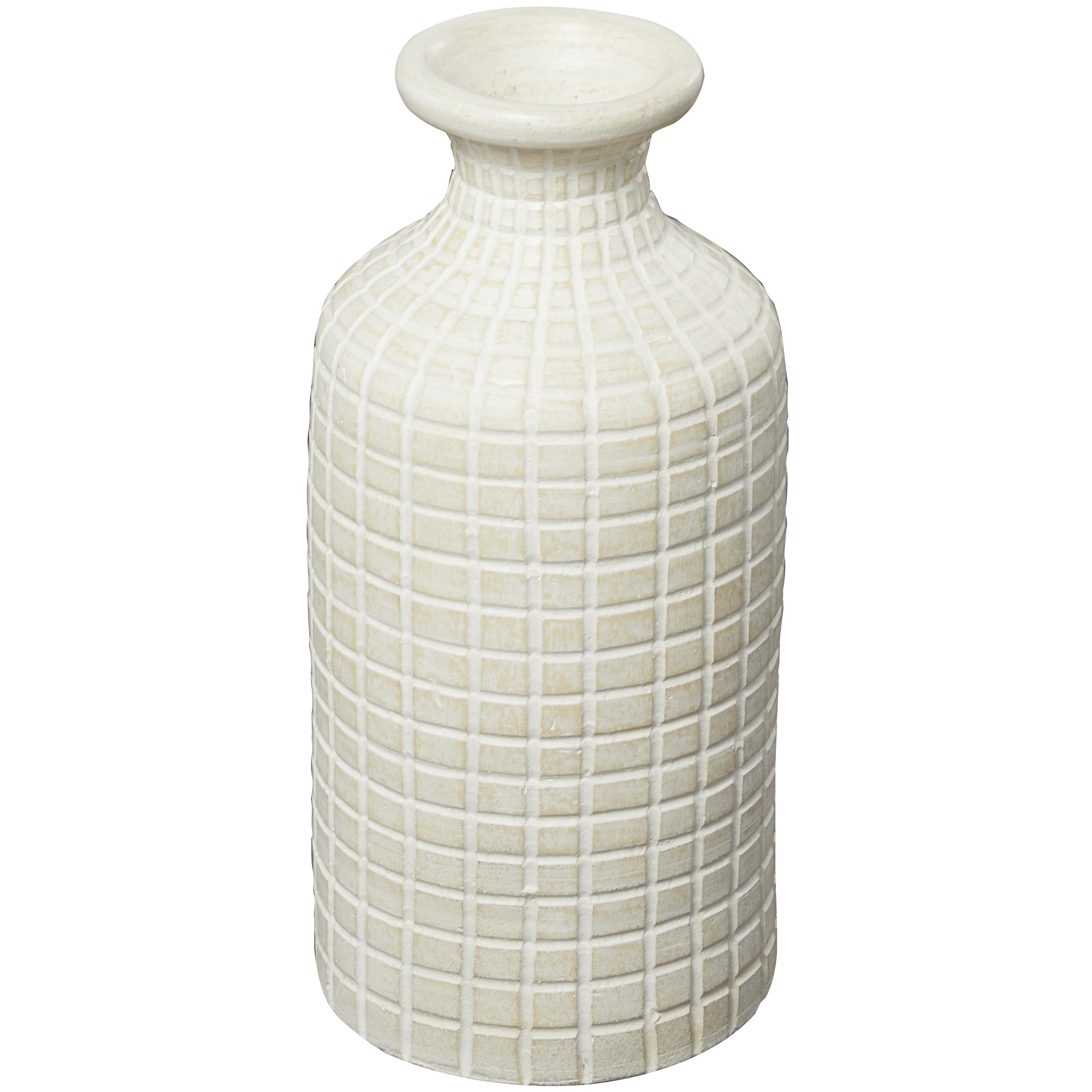 Cream Ceramic Geometric Textured Decorative Vase with Checkered Pattern, 9" x 9" x 19"