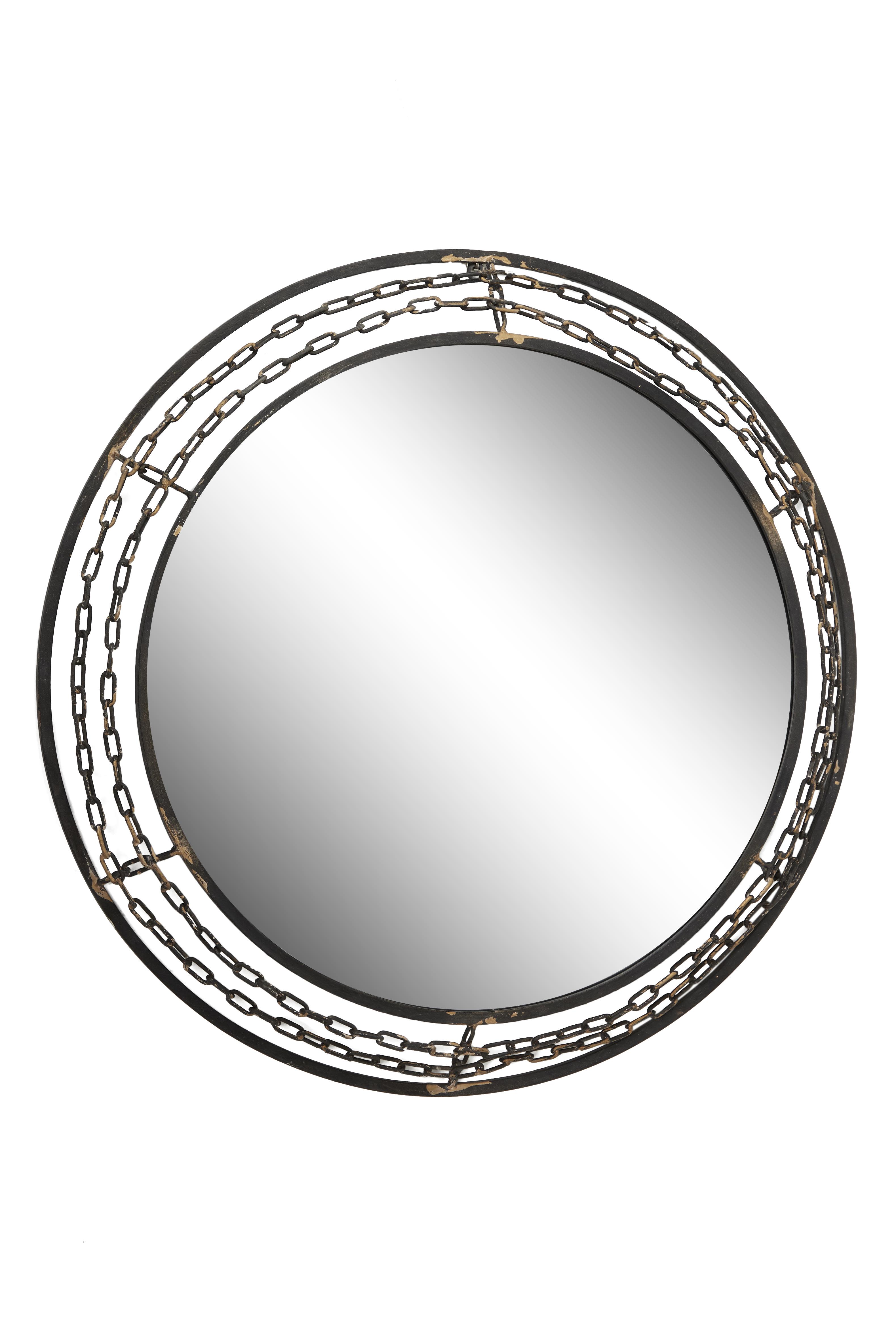 40” Large Round Industrial Dark Brown Metal Wall Mirror w/ Chain Detail & Textured Finish