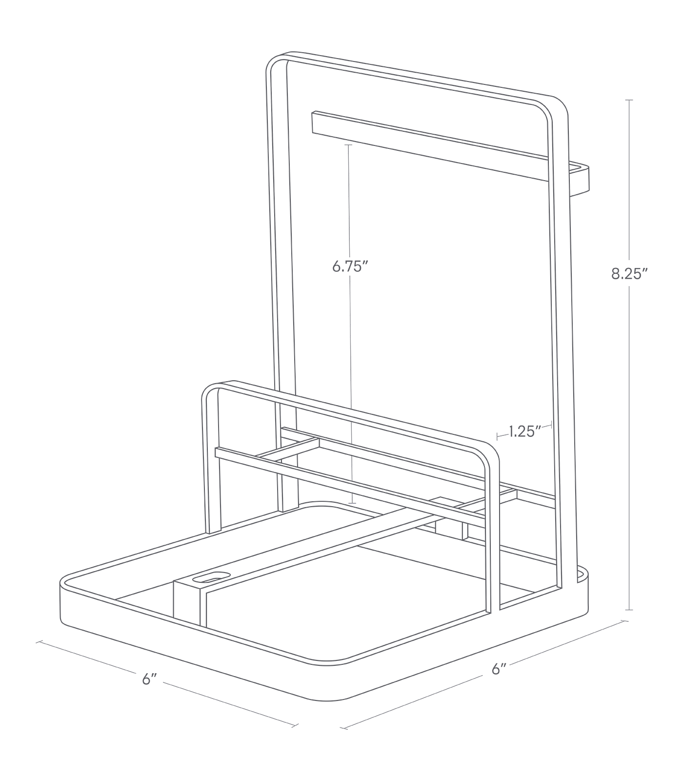 Dimenision image for Lid & Ladle Stationon a white background showing total width and length of 6