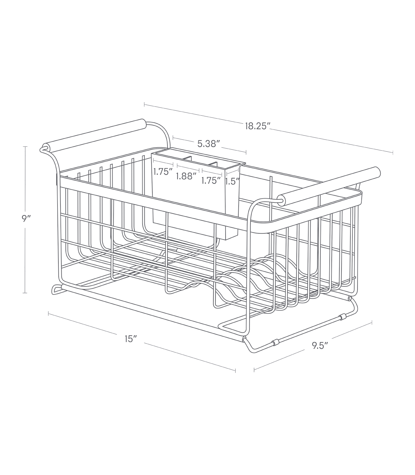 Dimension image for Over-the-Sink Dish Rack on a white background including dimensions  L 9.65 x W 18.31 x H 8.66 inches