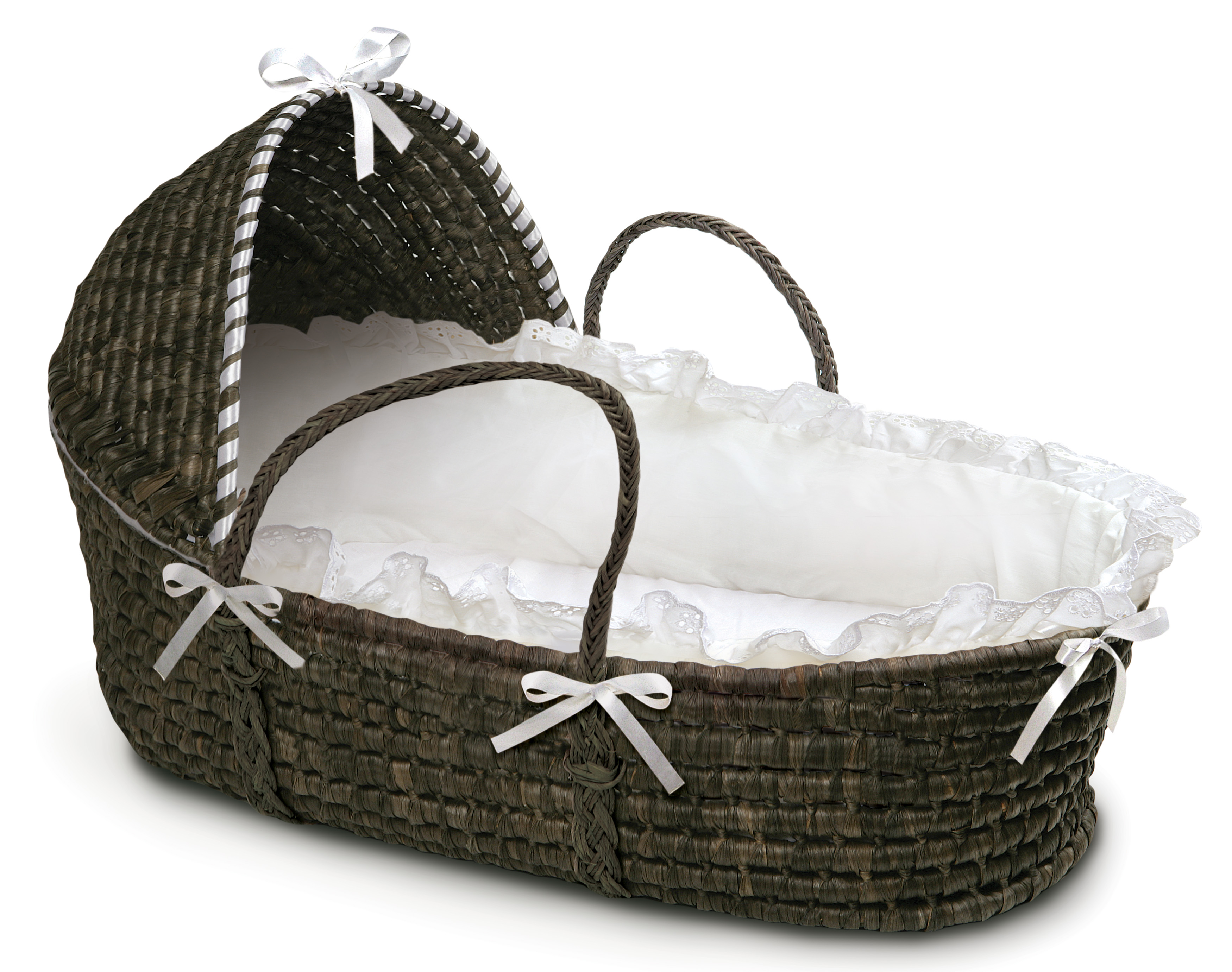 Espresso Hooded Moses Basket - White Bedding
