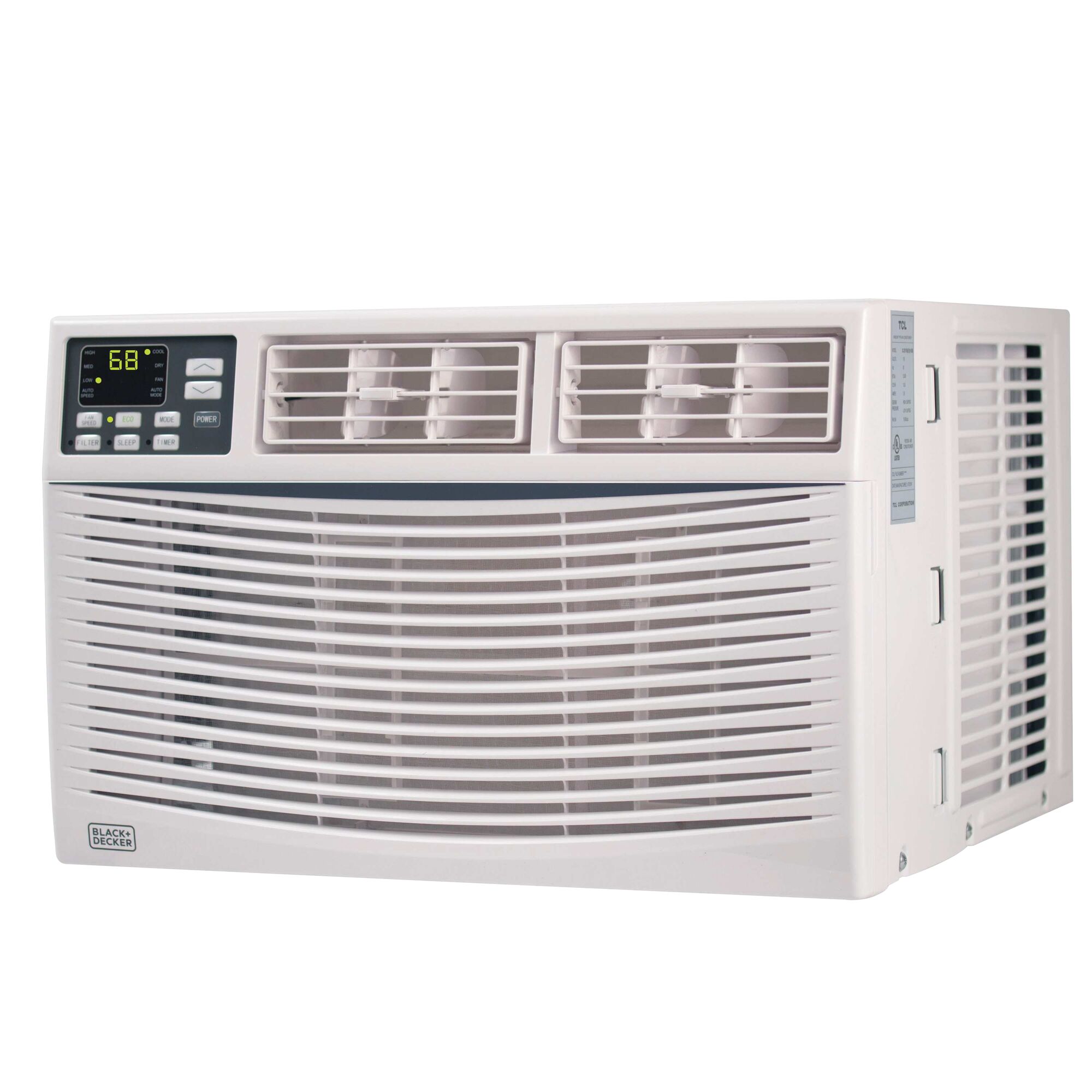 Profile of 8,000 British Thermal Unit energy star electric air conditioner with remote.