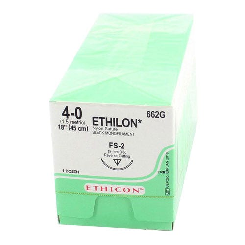 ETHILON® Nylon Black Monofilament Sutures, 4-0, FS-2, Reverse Cutting, 18" - 12/Box