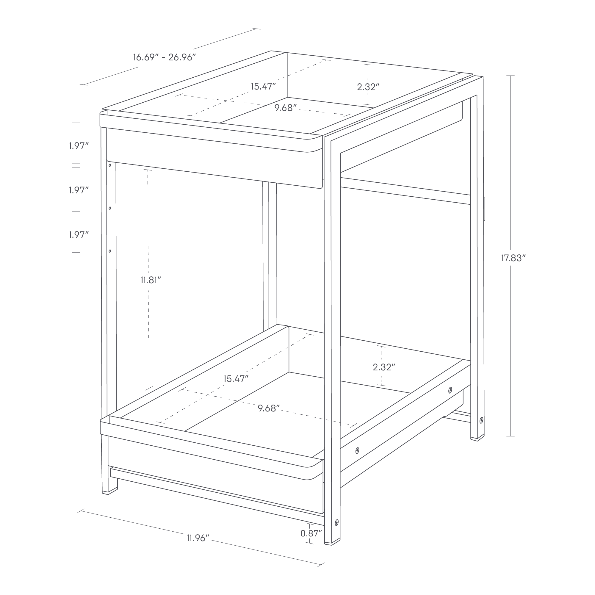 The image shows an under-sink rack with a pull-out shelf. Dimensions: height is 17.83", width is adjustable from 16.69" to 26.96", and depth is 11.96". The upper and lower shelves are 15.47" wide and 9.68" deep, with a 2.32" raised edge. The gap between shelves is 11.81". Leg thickness is 0.87".