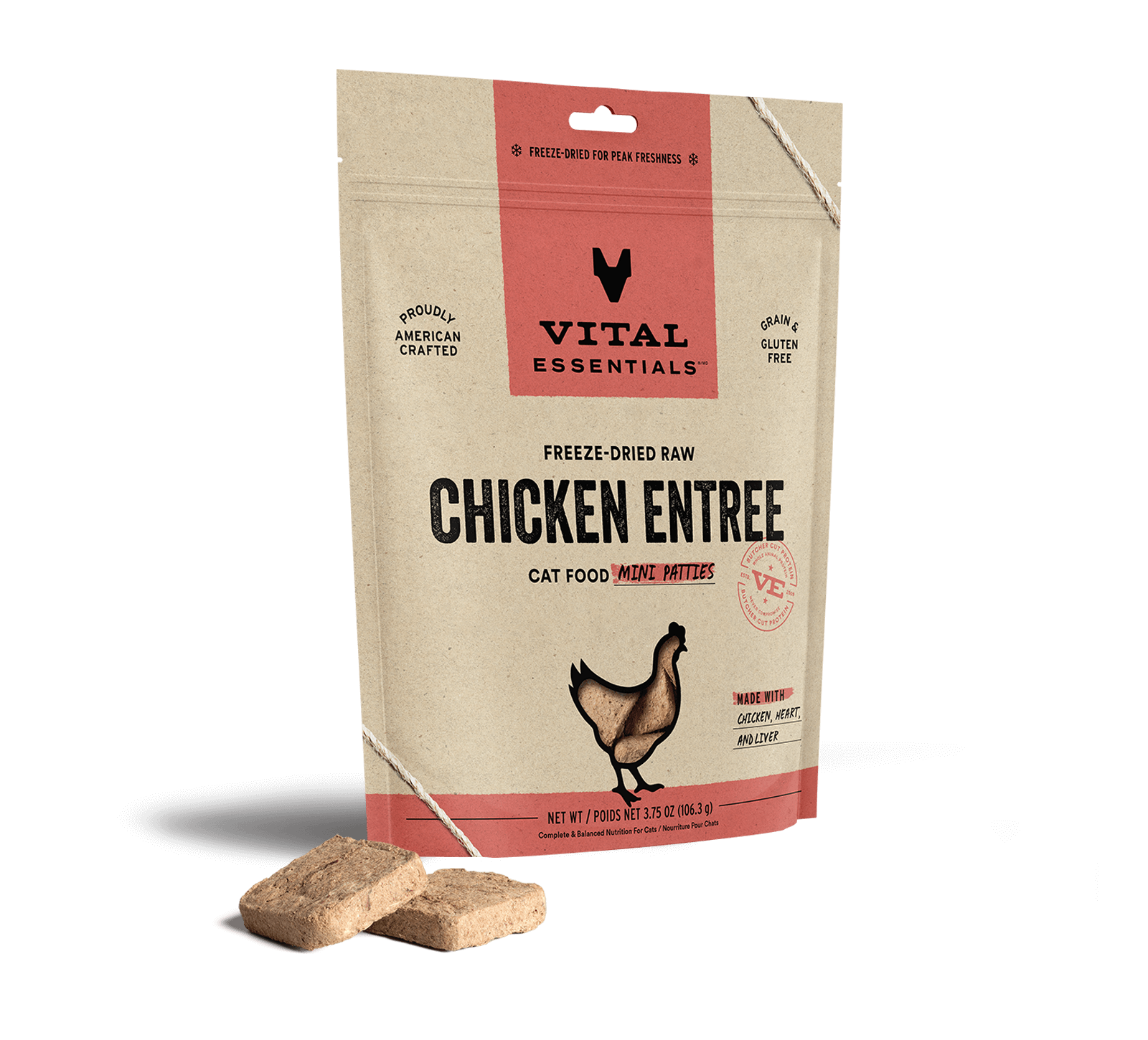 Vital Essentials Freeze-Dried Raw Chicken Entree Cat Food Mini Patties, 3.75 oz - Healing/First Aid