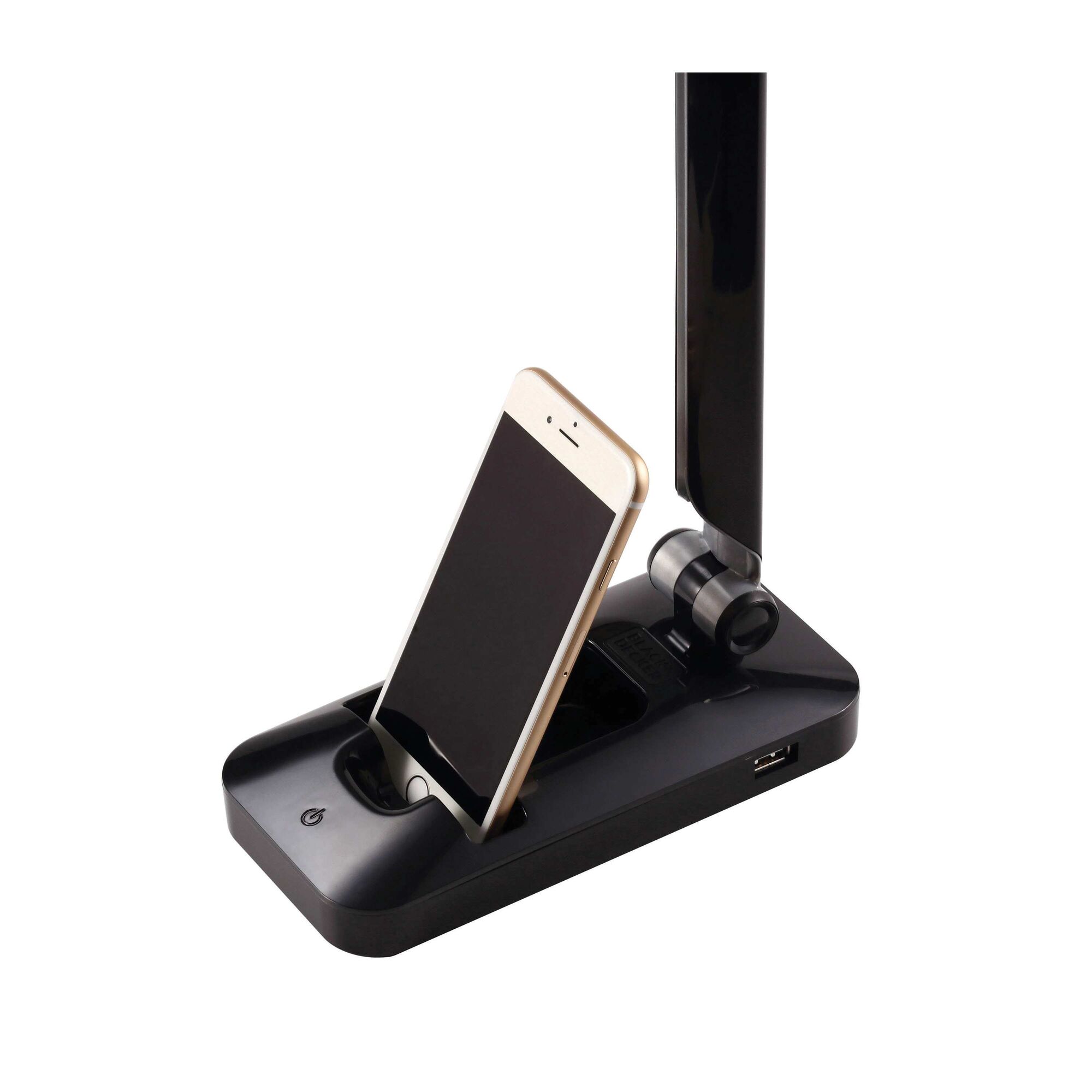 Phone stand at the base of the Verve folding desk lamp