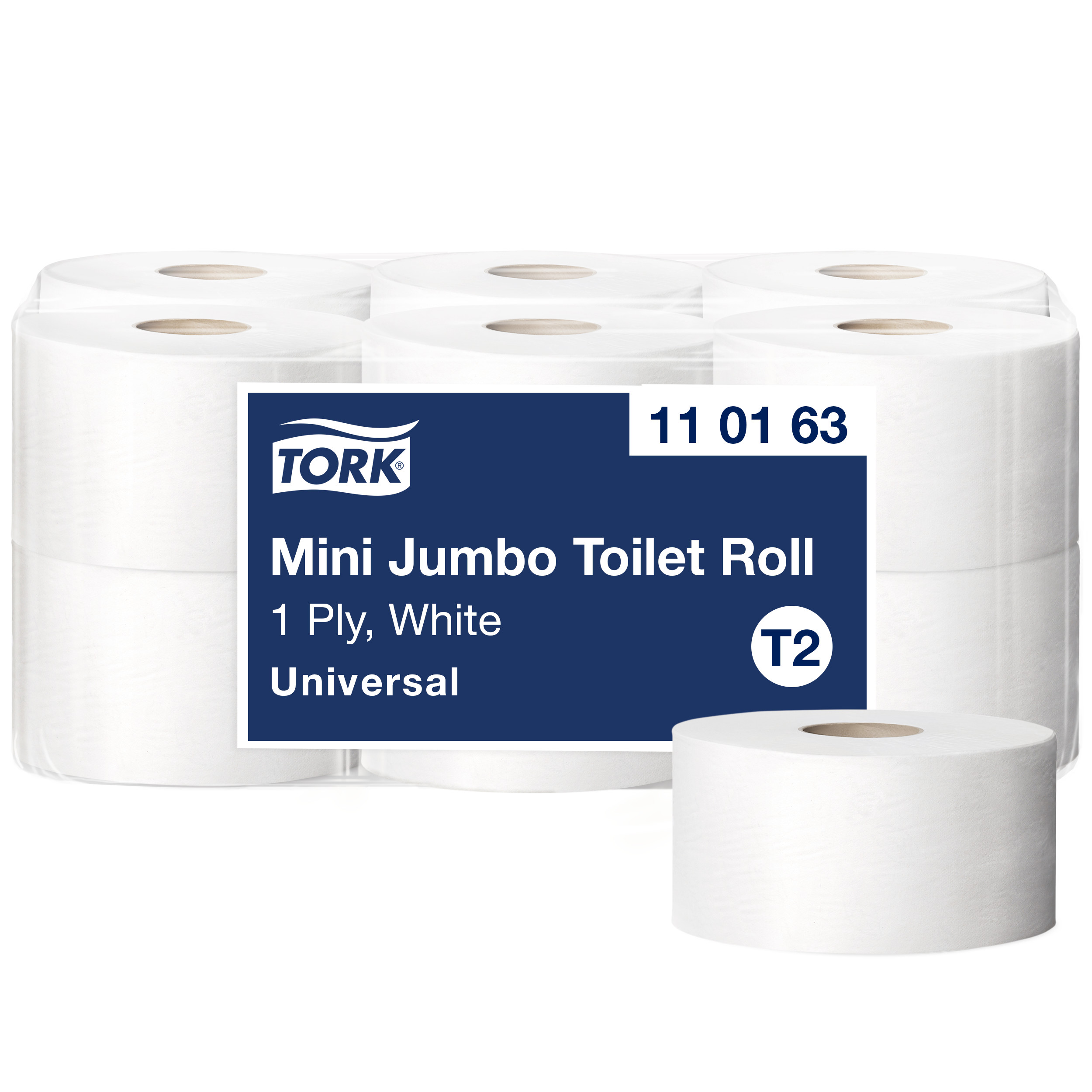 Toiletpapir, Udvendig oprulning, 1 lag, 12 ruller, Tork Universal Jumbo Mini T2