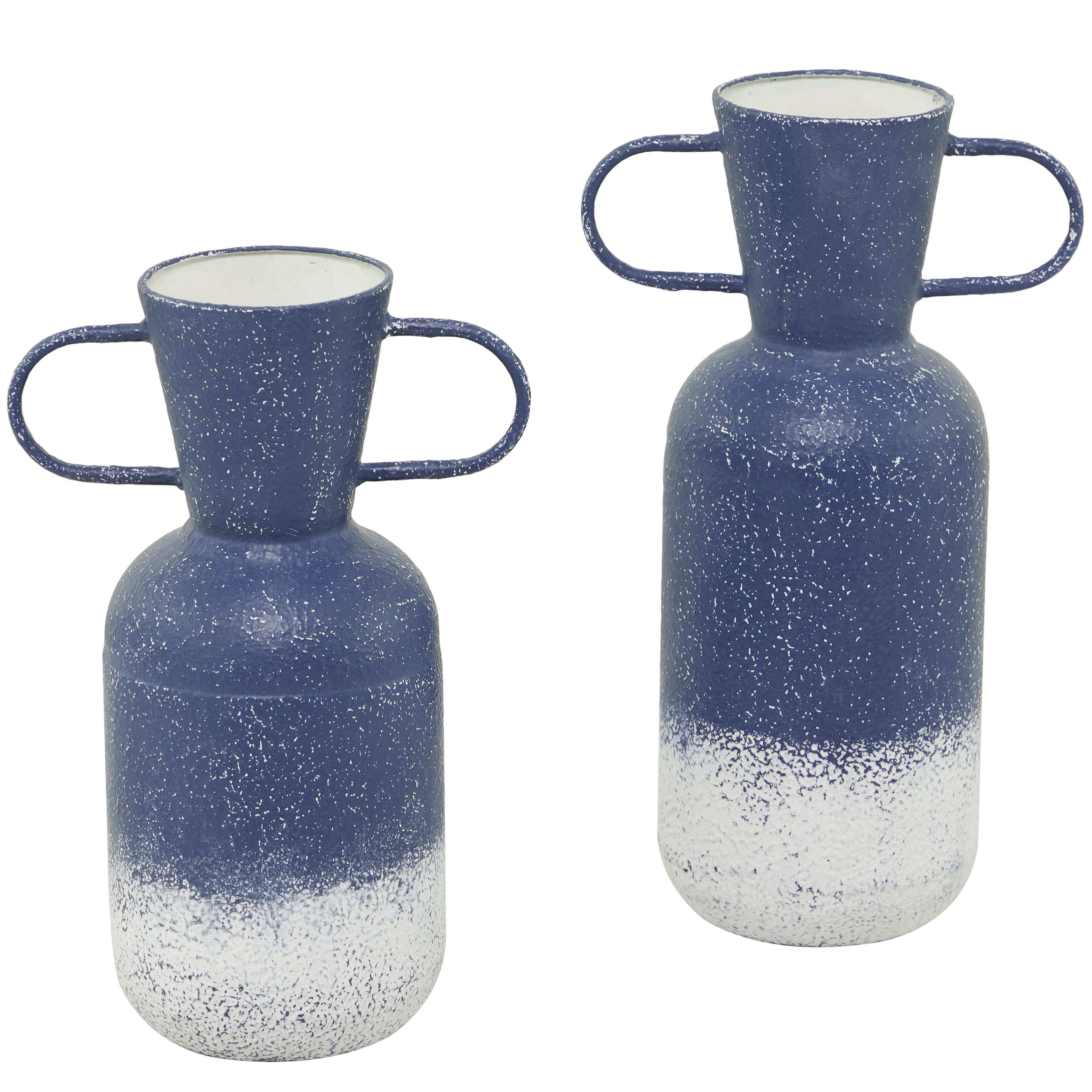 Blue Metal  Decorative Vase with Handles, Set of 4 17", 15"H