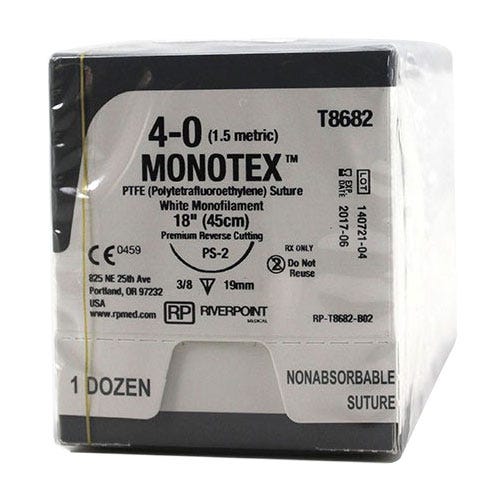 MONOTEX® PTFE (Polytetrafluoroethylene) White Monofilament Non-Absorbable Sutures, 4-0, PS-2, Precision Reverse Cutting, 18" - 12/Box