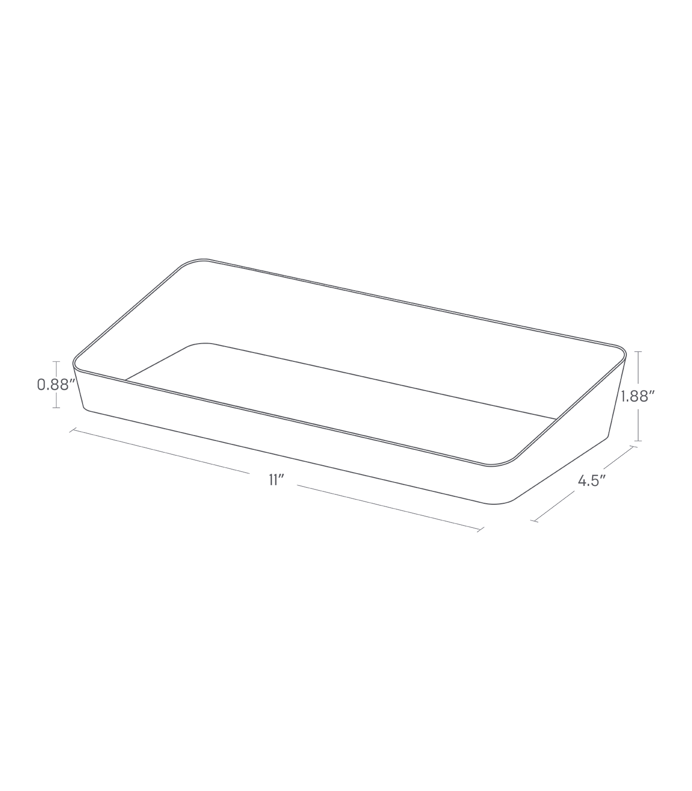 Dimension image for Vanity Tray showing length of 11", width of 4.5" and height of 1.88"