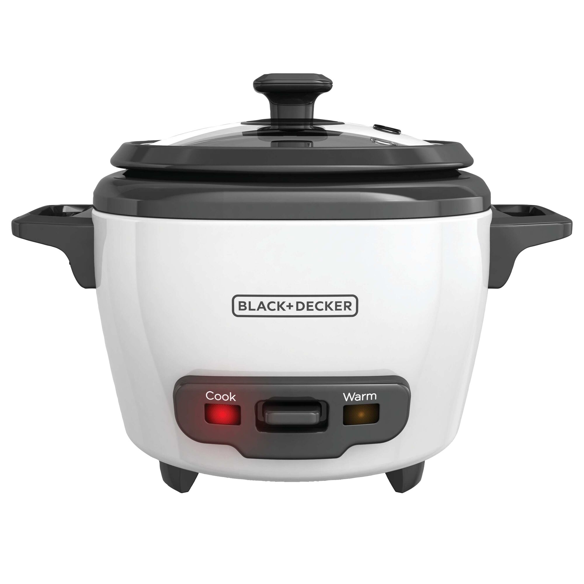 Profile of black plus decker 3 cup electric rice cooker with keep warm function.