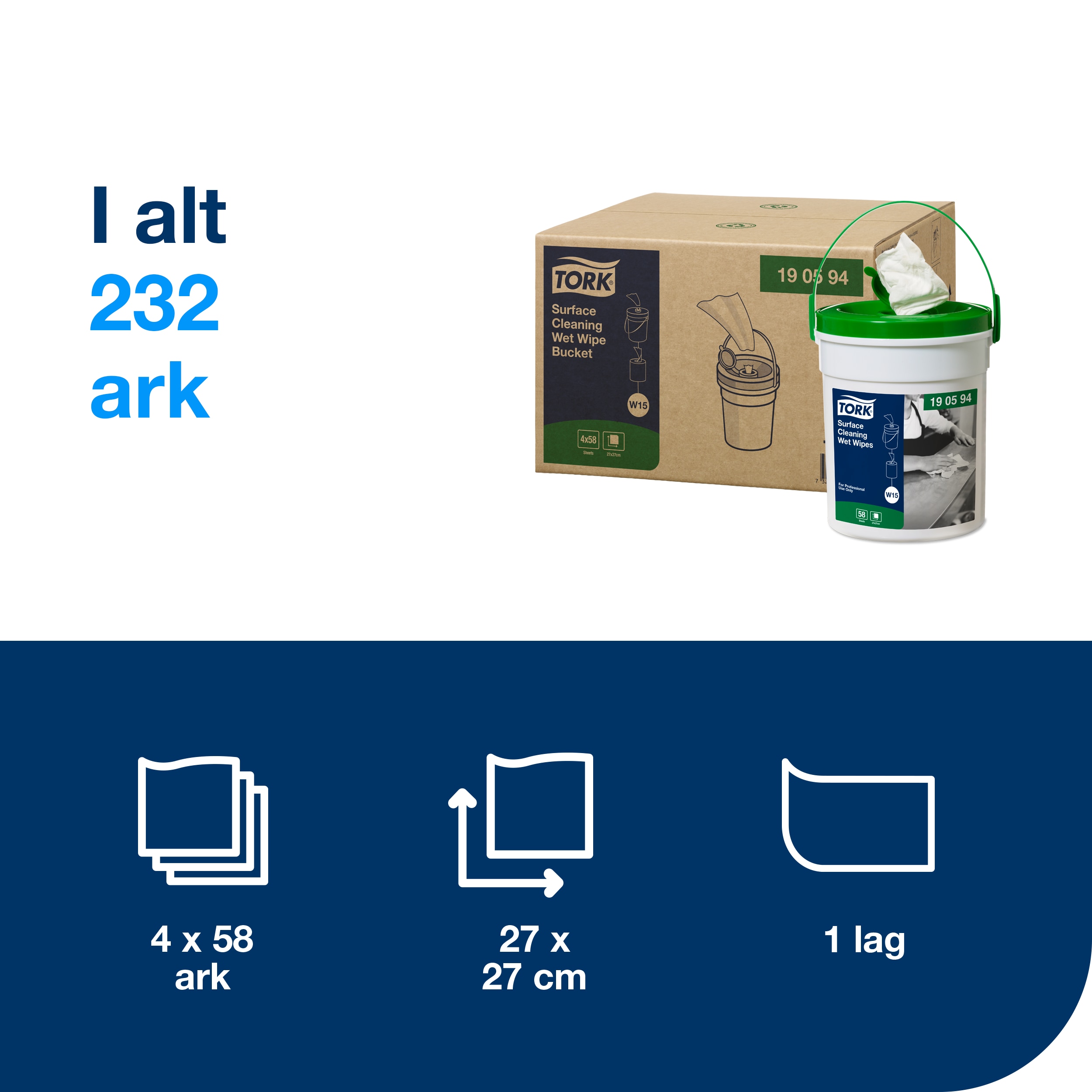 Renseserviet, Overflader, 58 ark pr spand, 4 spande, Tork Premium Wet Wipe W14