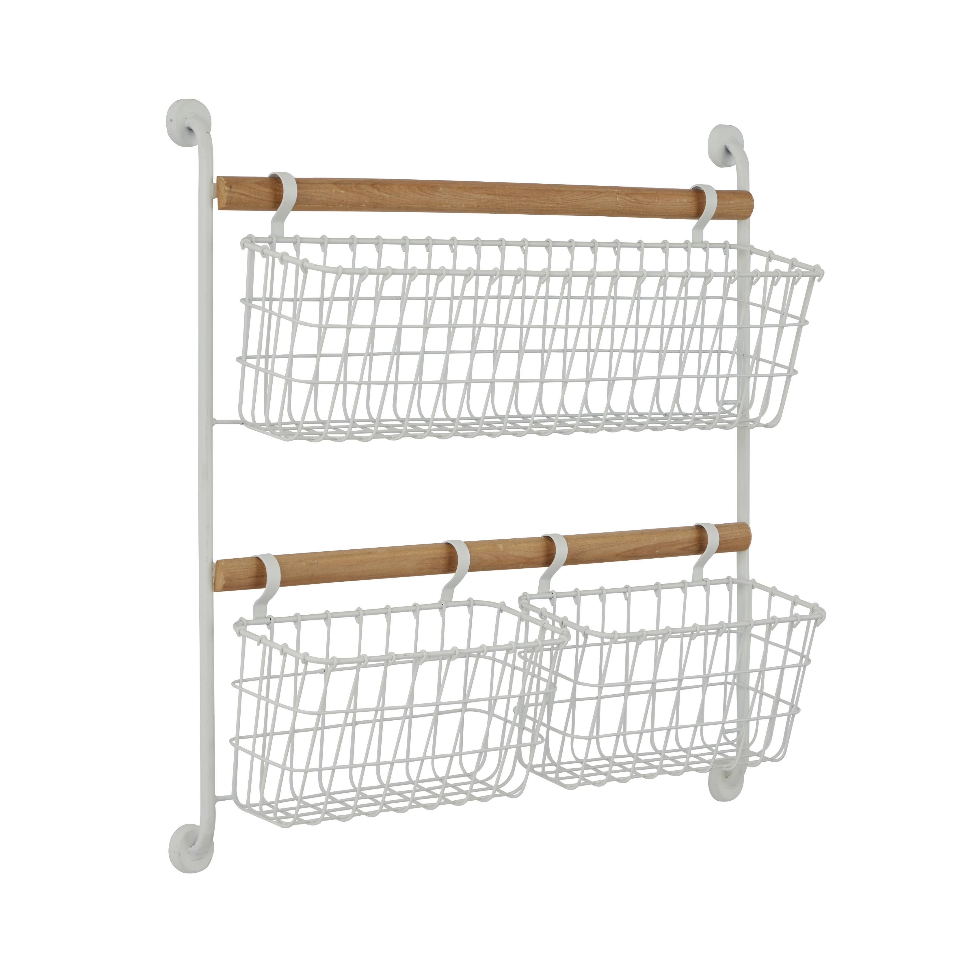 White Metal  Wall Mounted 3 Hanging Baskets Magazine Rack Holder, 22" x 5" x 21"