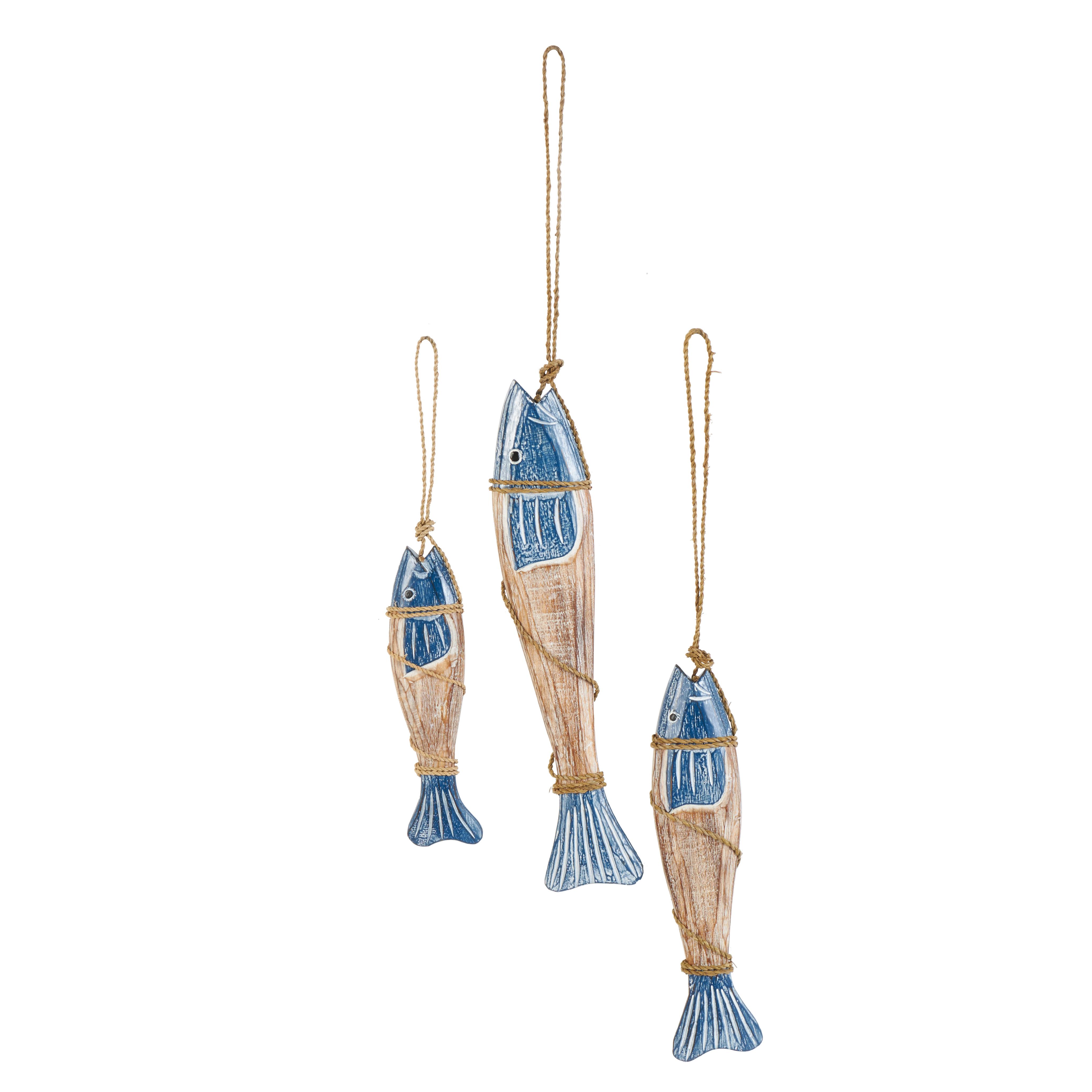 Blue Wood Fish Handmade Home Wall Decor with Wrapped Jute Hanging Rope, Set of 3 33", 29", 21"H