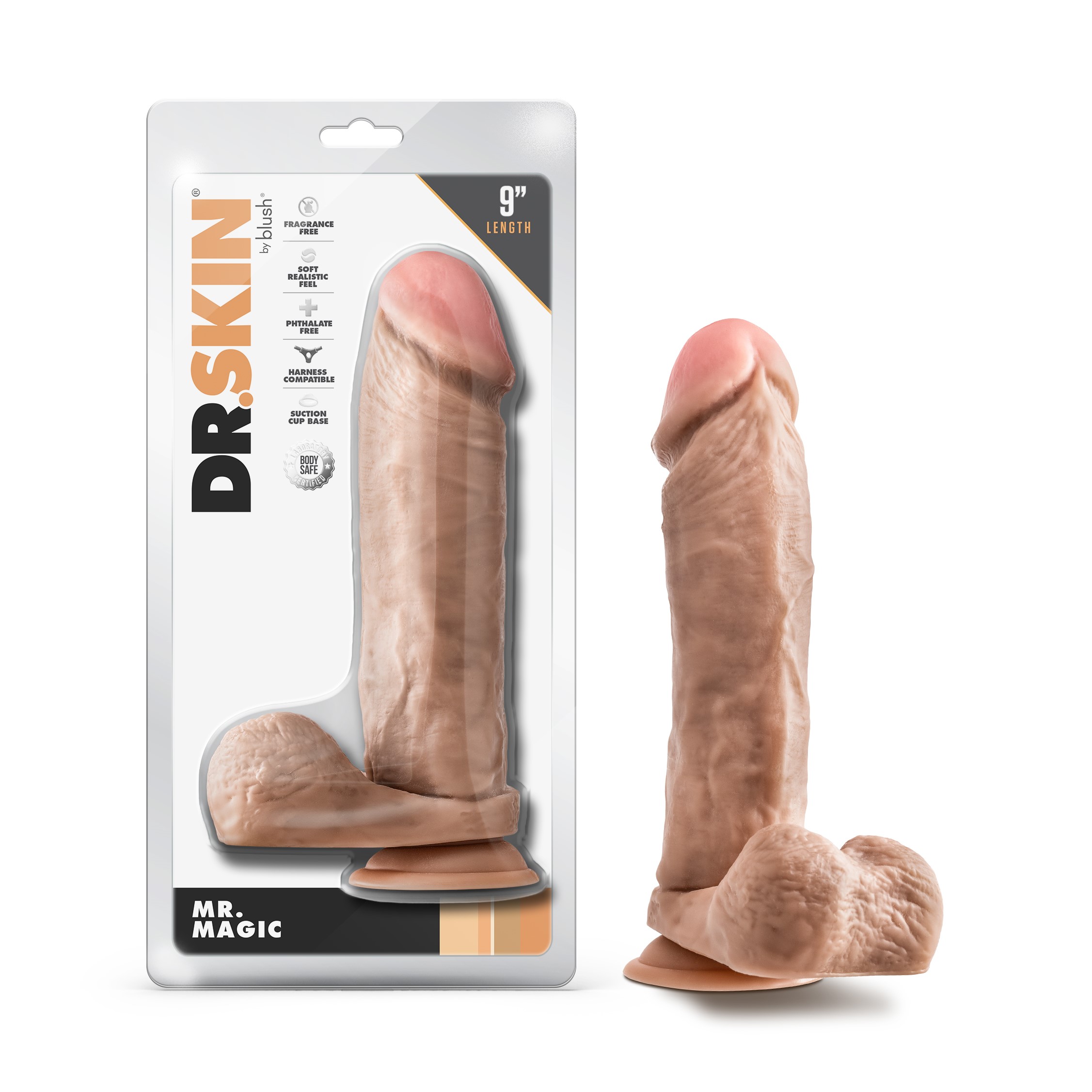 Blush Dr. Skin Mr. Magic 9 Inch Long Dildo with Suction Cup & Balls Beige