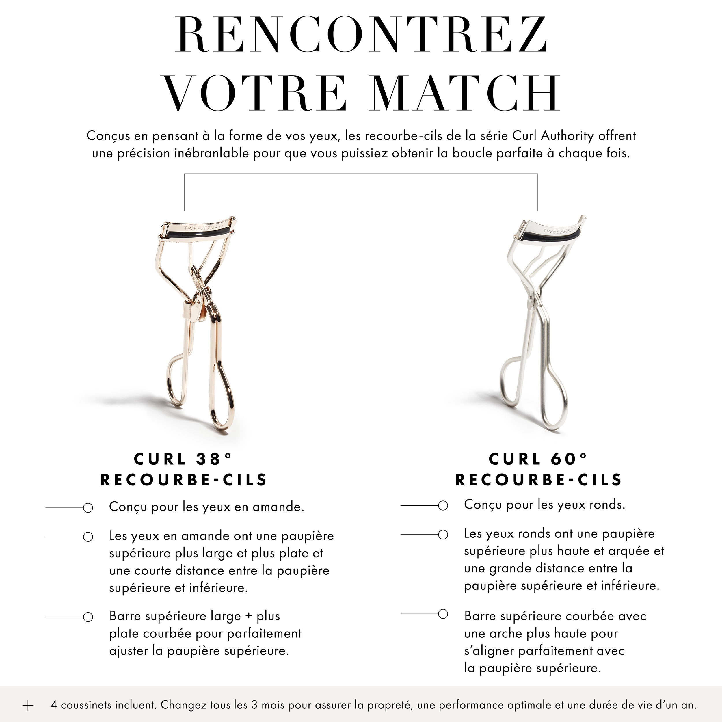 Meet Your Match Video. Designed with your eye shape in mind, the Curl Authority series lash curlers provide pinch-proof precision so you can get the perfect curl every time. Curl 38 Degree Eyelash Curler is designed for almond-shaped eyes. Almond- shaped eyes have aw ider, flatter top lid and a short distance between the top and bottom lid. Curl 38 Eyelash curler has a wider and flatter curbed top bar to perfectly fit top eyelid. Curl 60 Degree Eyelash Curl is designed for round-shaped eyes. Round-shaped eyes have a higher arched top lid and a long distance between the top and bottom lid. Curl 60 Eyelash Curler has a curved top bar with higher arch to perfectly align with top eyelid. 3 replacement pads included. Change every 3 months to ensure cleanliness, optimal performance and a year-long life.