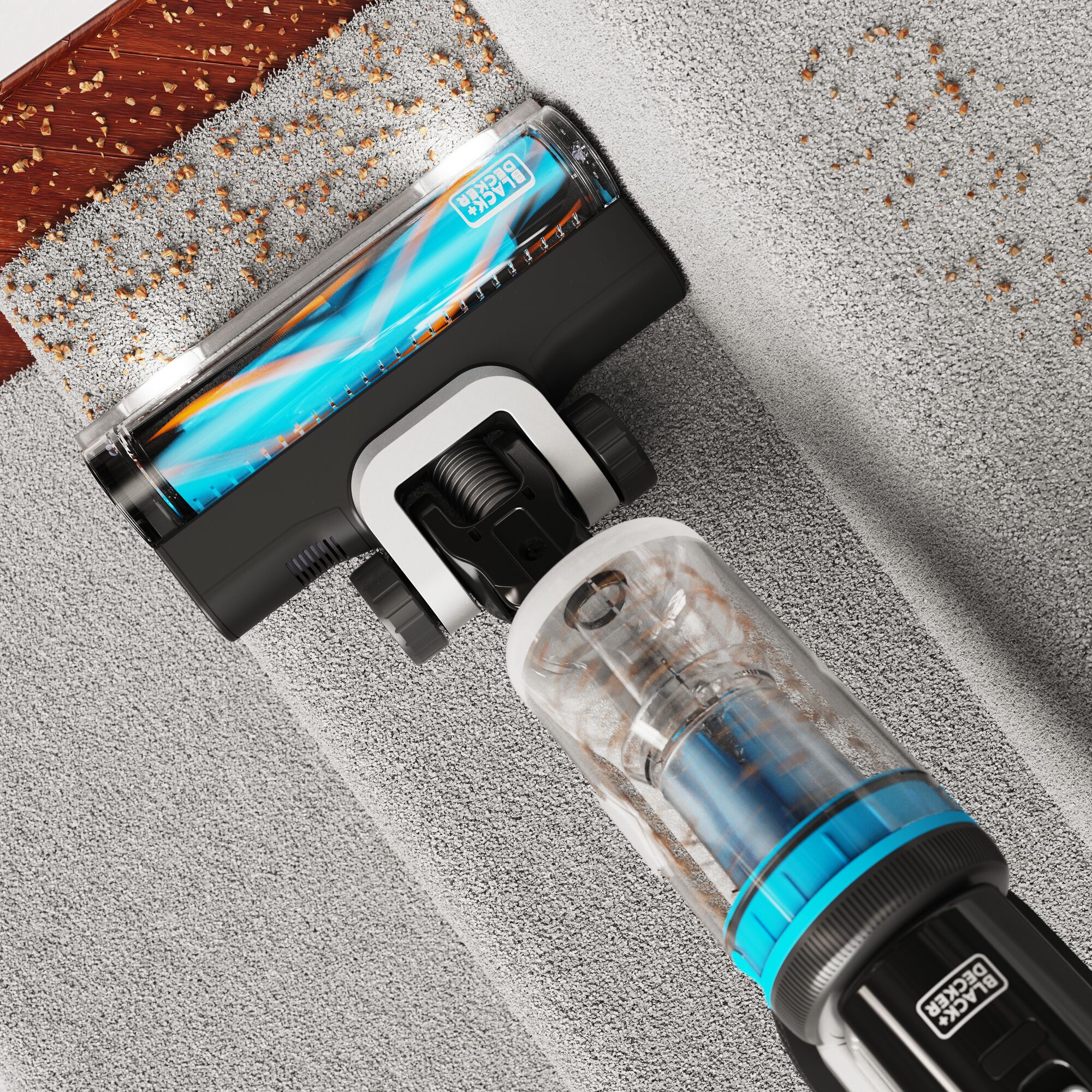 BLACK+DECKER POWERSERIES Extreme MAX Cordless Stick Vac in stair mode cleaning dirt of a stair