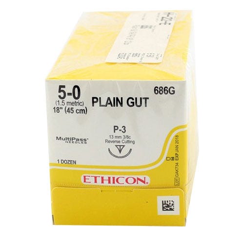 Plain Gut Suture, 5-0, P-3, Reverse Cutting, 18" - 12/Box