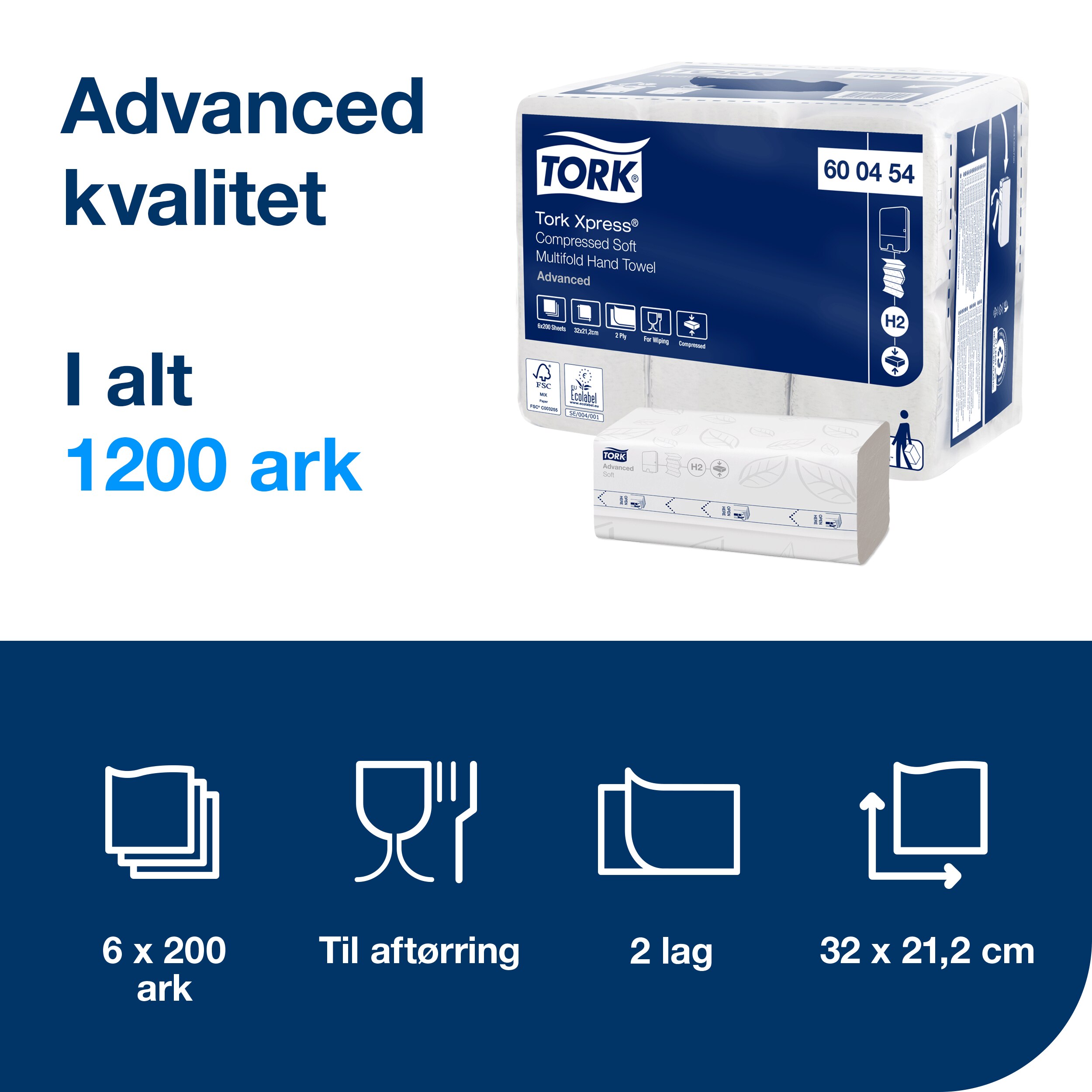 Håndklædeark, 2 lag, M-fold, 1200 ark, Tork Advanced H2