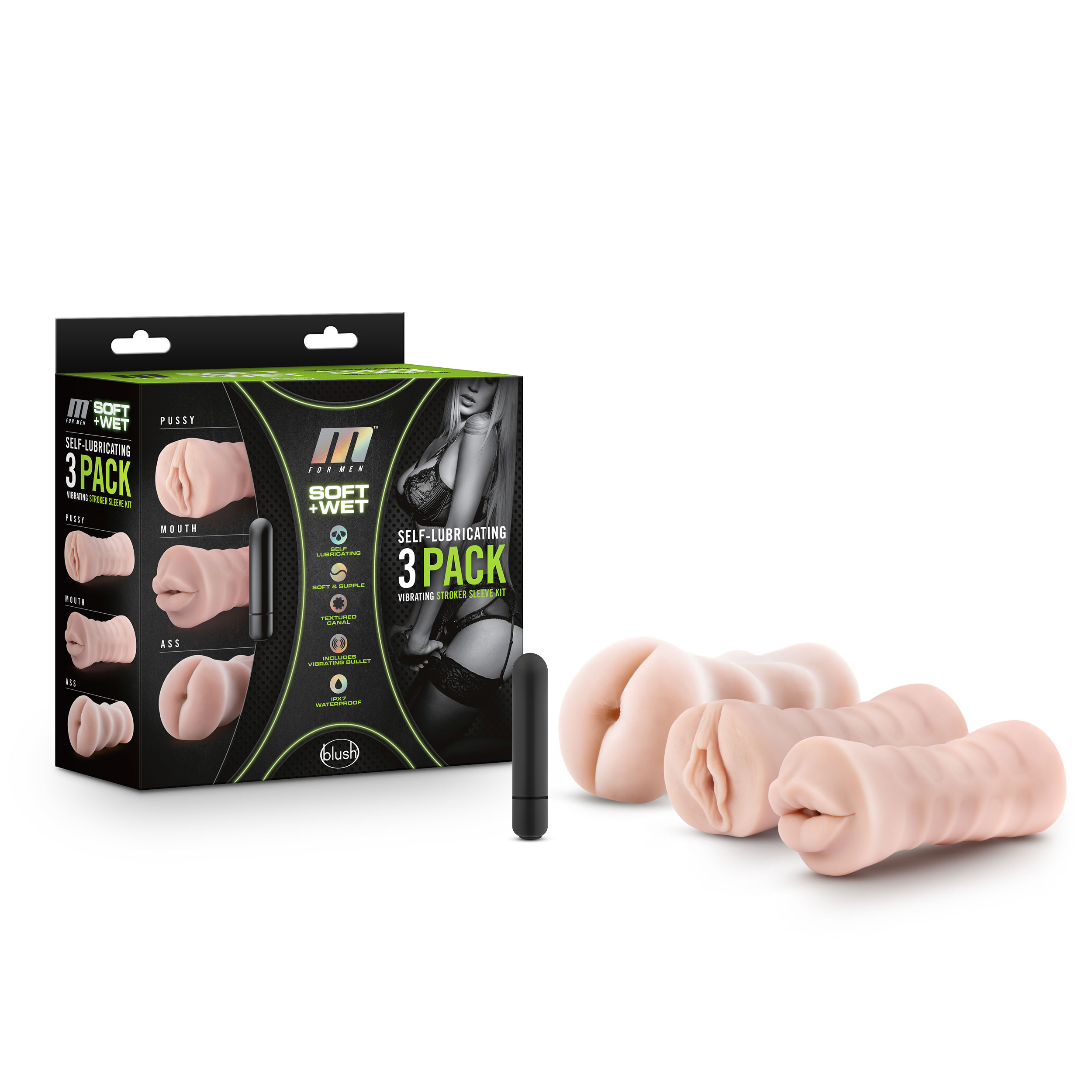 Blush M for Men 3-Pack Self-Lubricating Vanilla Vibrating Masturbator / Stroker