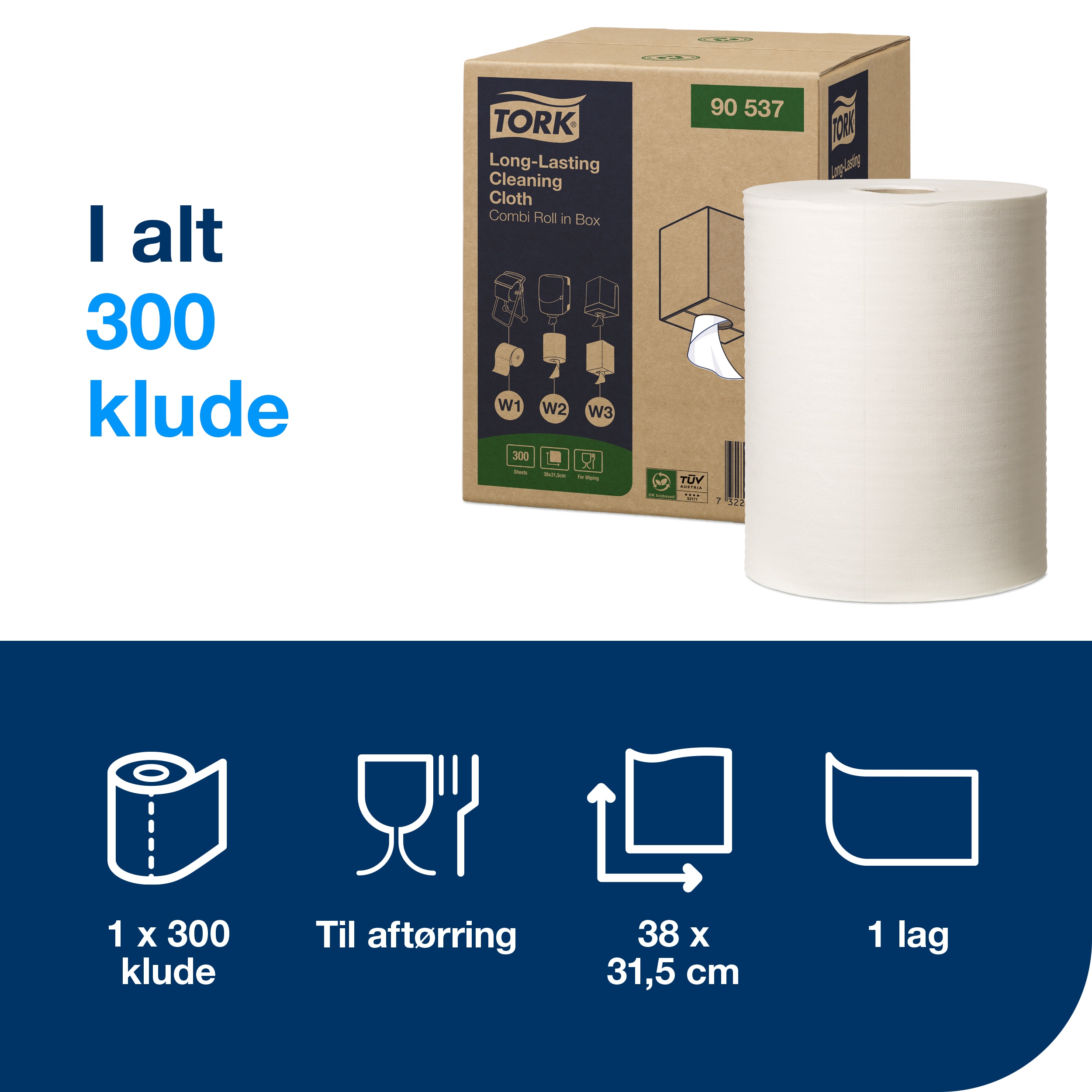 Aftørringsrulle, Udvendig oprulning og centertræk, 1 lag, 1 rulle, Tork Premium W1/W2/W3