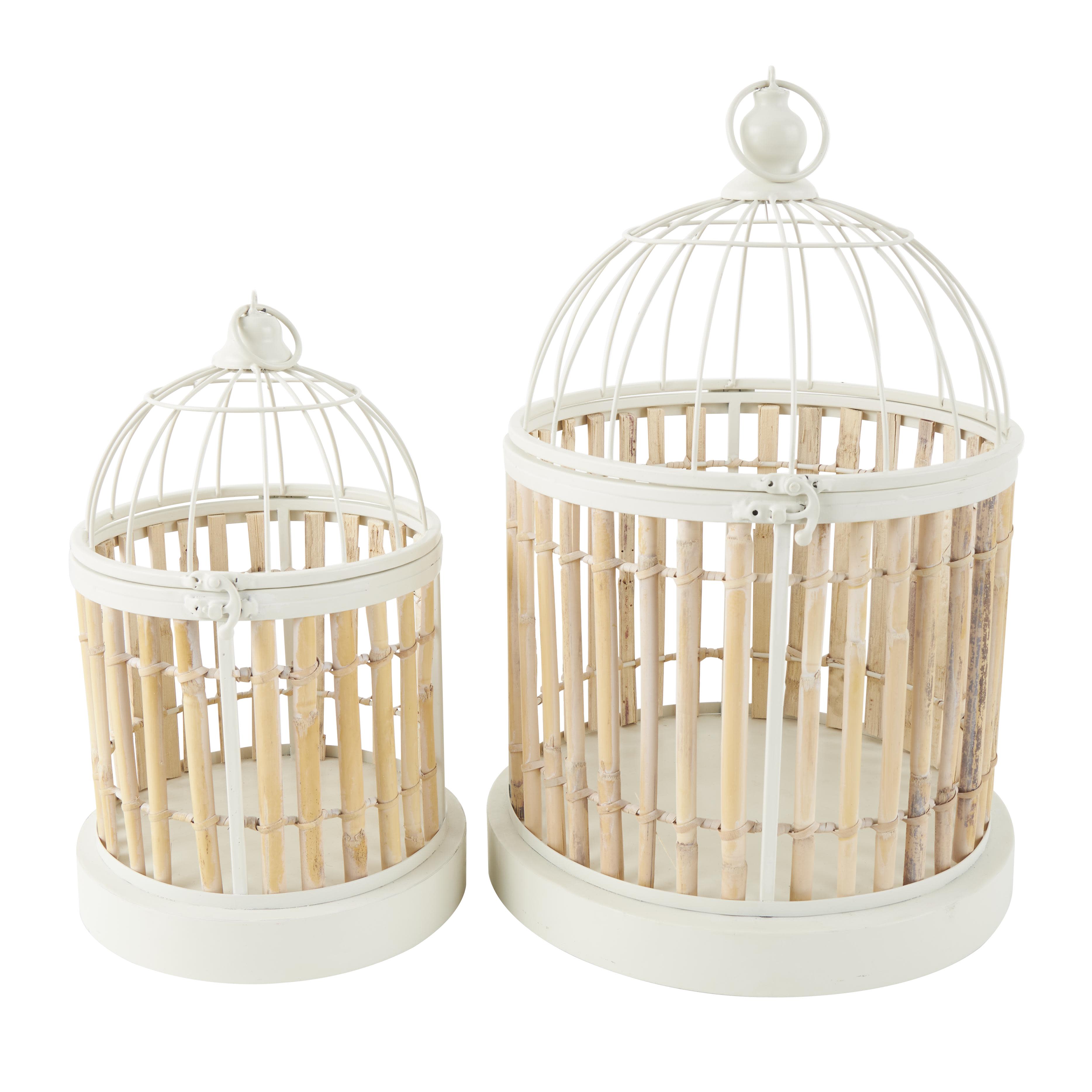 ( incomplete) Brown Bamboo Wood  Handmade Birdcage with White Metal Accents, Set of 2 19\", 15\"H
