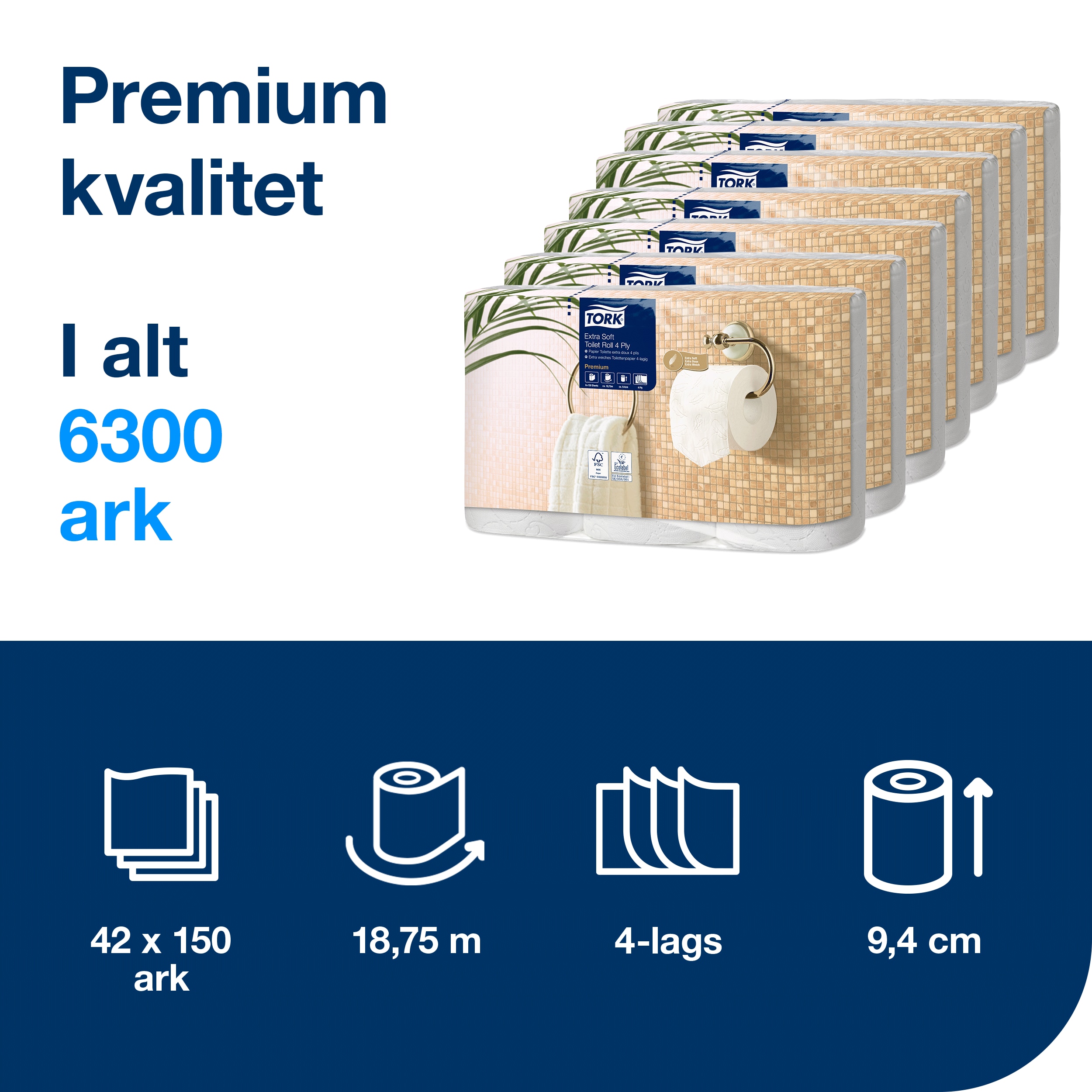 Toiletpapir, Udvendig oprulning, 4 lag, 42 ruller, Tork Premium Extra Soft T4