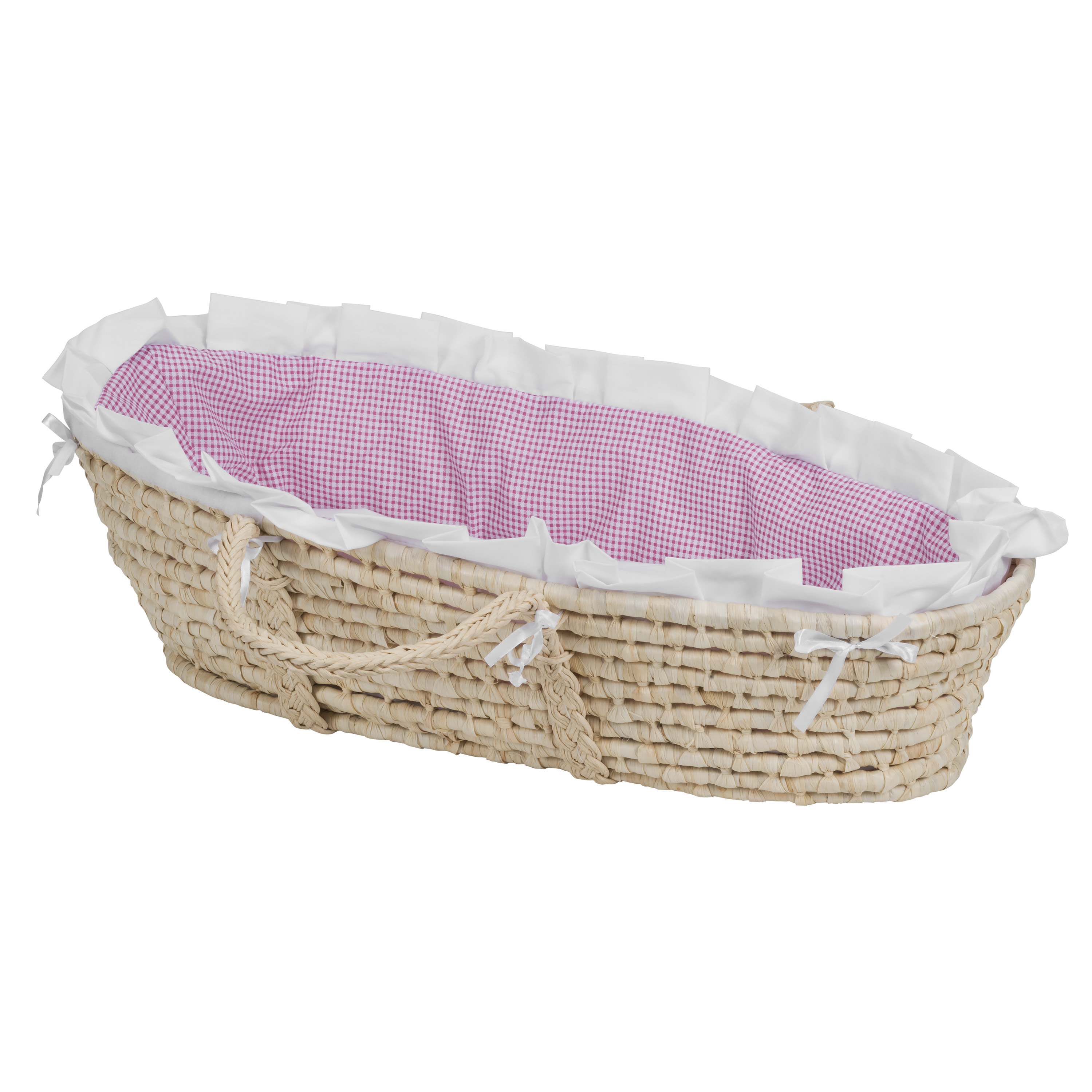 Natural Moses Basket - Pink Gingham Bedding